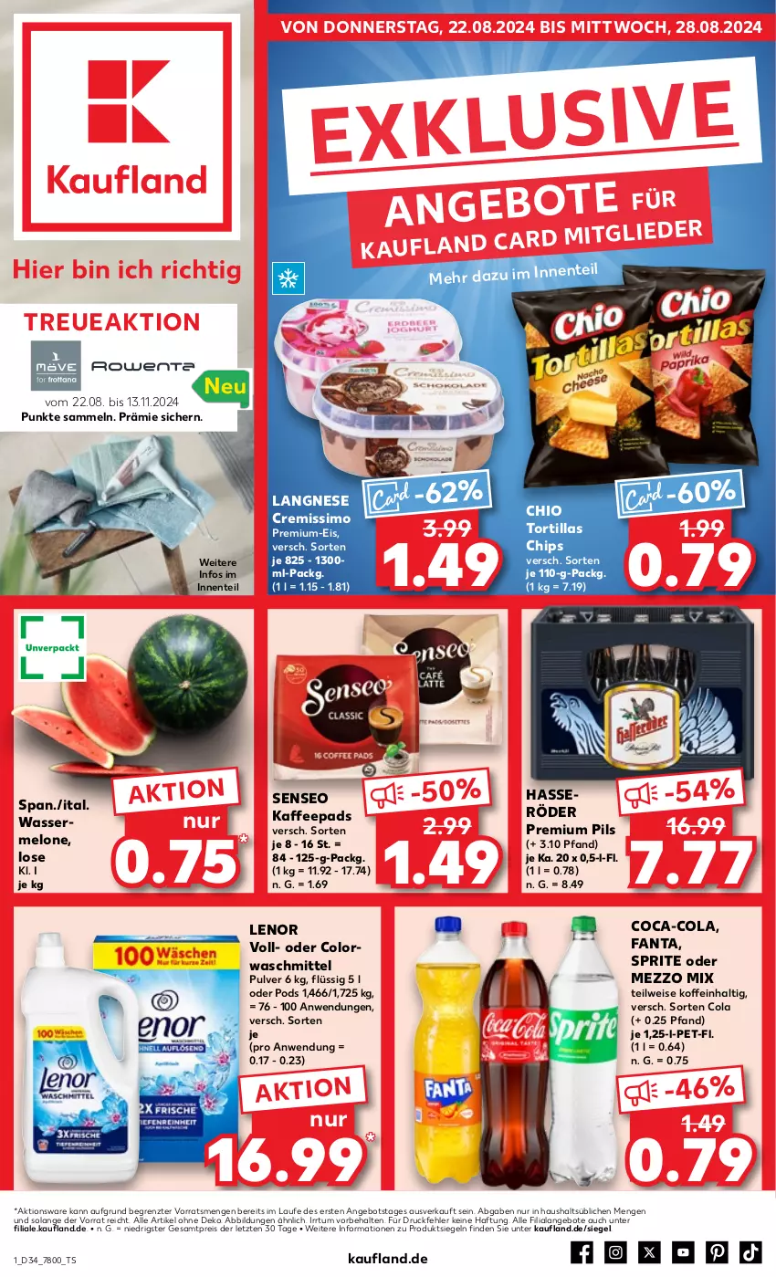 Aktueller Prospekt Kaufland - Prospekt - von 22.08 bis 28.08.2024 - strona 1 - produkty: angebot, angebote, chips, coca-cola, cola, colorwaschmittel, cremissimo, eis, ente, fanta, hasseröder, kaffee, kaffeepads, langnese, langnese cremissimo, lenor, melone, Mezzo Mix, pils, Pods, premium pils, reis, senseo, sim, sprite, Ti, tortilla, tortillas, waschmittel, wasser, wassermelone, ZTE