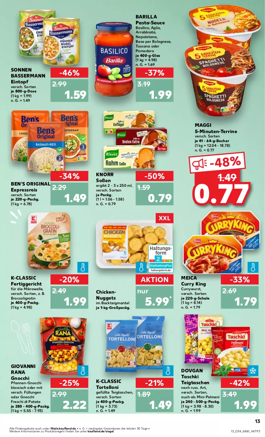 Aktueller Prospekt Kaufland - Prospekt - von 22.08 bis 28.08.2024 - strona 13 - produkty: angebot, angebote, arrabbiata, barilla, basilico, Becher, bolognese, broccoli, curry, currywurst, dovgan, eintopf, eis, elle, fertiggericht, gin, giovanni rana, gnocchi, knorr, maggi, Mantel, meica, mikrowelle, nuggets, pasta, pasta-sauce, pelmeni, pfanne, pfannen, Rana, reis, sauce, Schal, Schale, Soße, Tasche, taschen, taschki, terrine, Ti, topf, torte, tortelloni, wurst, ZTE