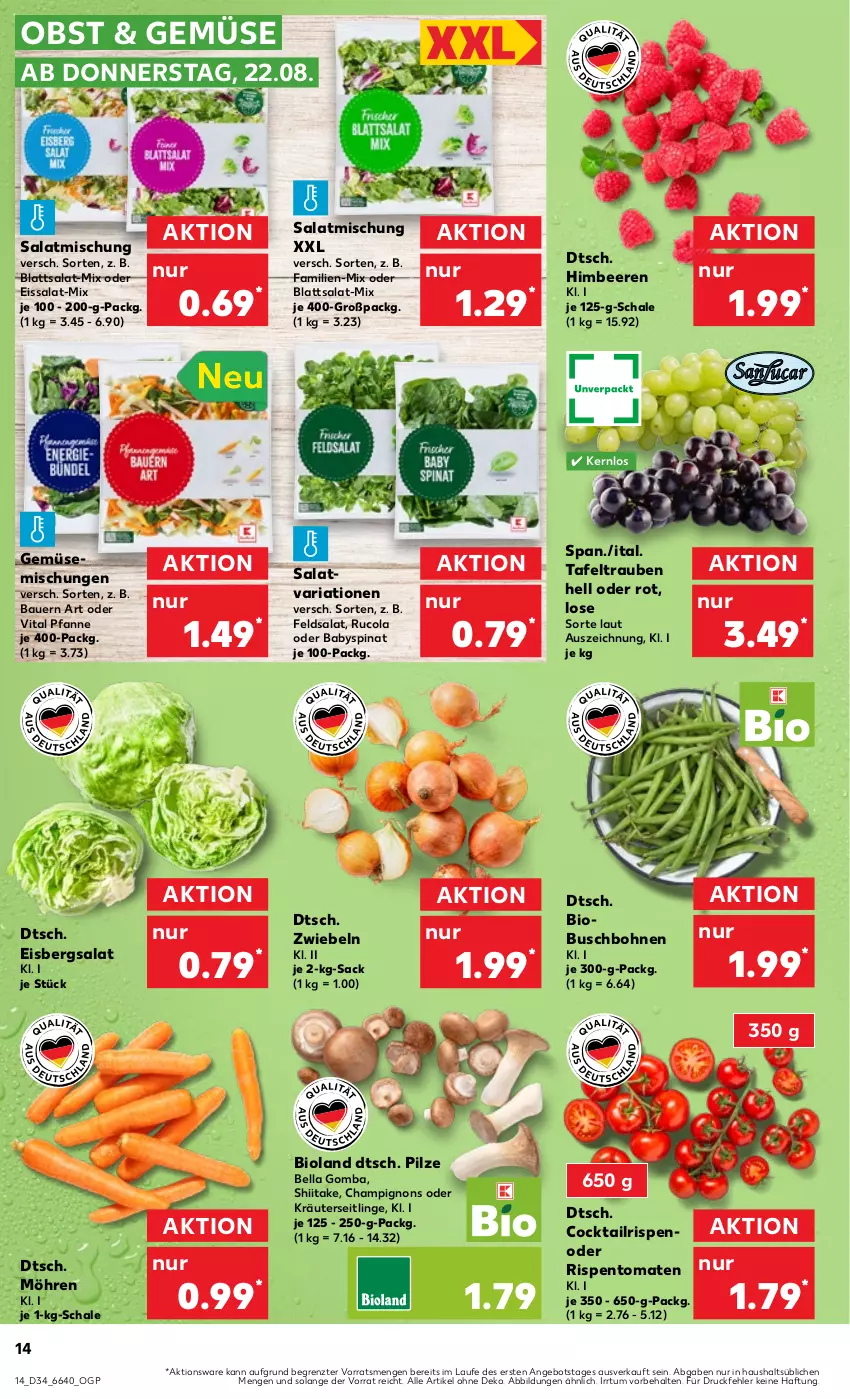 Aktueller Prospekt Kaufland - Prospekt - von 22.08 bis 28.08.2024 - strona 14 - produkty: angebot, auer, Babyspinat, Bau, Bauer, beere, beeren, bio, bioland, bohne, bohnen, Buschbohnen, champignon, champignons, cocktail, cola, eis, eisbergsalat, feldsalat, himbeer, himbeere, himbeeren, kräuter, Kräuterseitlinge, möhren, obst, oder kräuter, pfanne, pilze, Ria, rispentomaten, rucola, sac, salat, Schal, Schale, spinat, tafeltrauben, Ti, tomate, tomaten, trauben, vita, ZTE, zwiebel, zwiebeln