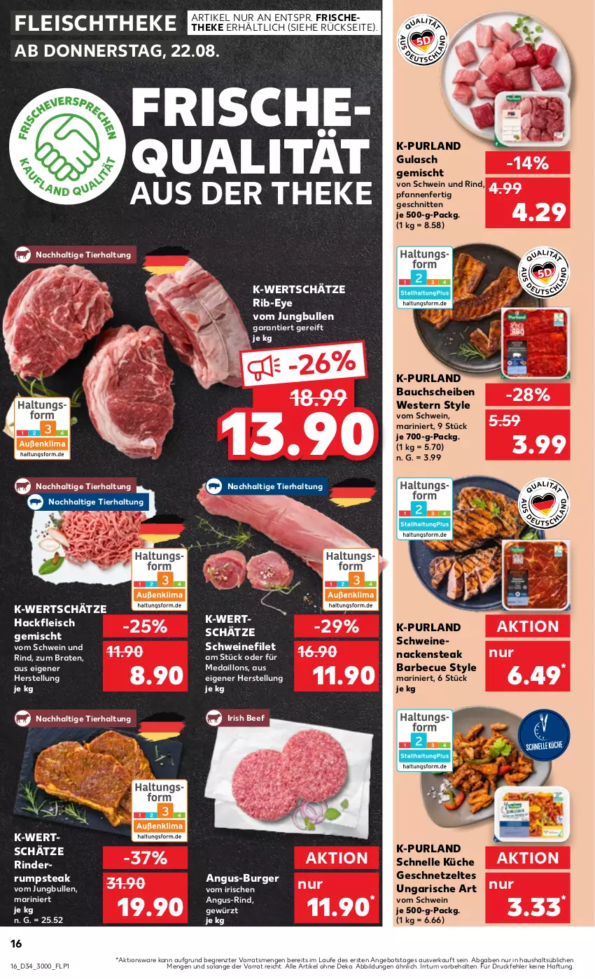 Aktueller Prospekt Kaufland - Prospekt - von 22.08 bis 28.08.2024 - strona 16 - produkty: angebot, barbecue, Bau, bauchscheiben, beef, braten, burger, eis, elle, filet, fleisch, geschnetzeltes, gewürz, gulasch, hackfleisch, hackfleisch gemischt, jungbullen, küche, medaillons, Nackensteak, pfanne, pfannen, purland, rind, rinder, rum, rumpsteak, schnitten, schwein, schwein und rind, schweine, schweinefilet, schweinenacken, steak, Ti, vom schwein und rind, wein, weine, Weste, Zelt, ZTE