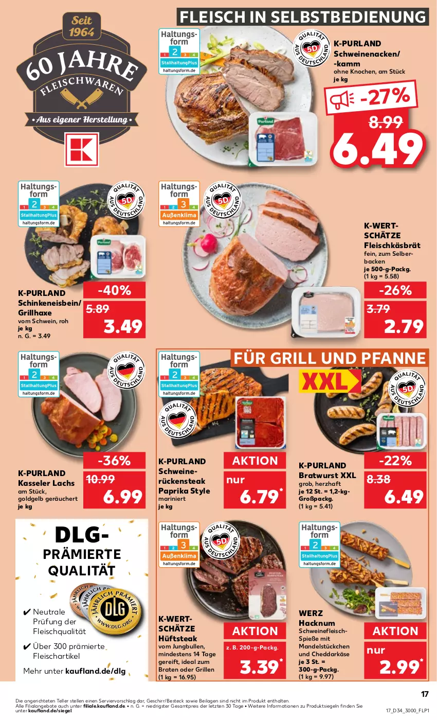 Aktueller Prospekt Kaufland - Prospekt - von 22.08 bis 28.08.2024 - strona 17 - produkty: angebot, angebote, axe, besteck, braten, bratwurst, cheddar, eis, elle, fleisch, fleisch in selbstbedienung, Fleischspieße, für grill und pfanne, geschirr, grill, grill und pfanne, grillhaxe, Haxe, hüftsteak, ideal zum braten, ilag, jungbullen, Käse, kasseler, lachs, LG, mandel, paprika, pfanne, purland, reis, Rückensteak, schinken, schwein, schweine, schweinefleisch, schweinenacken, schweinerücken, steak, teller, Ti, und pfanne, wein, weine, wurst, ZTE