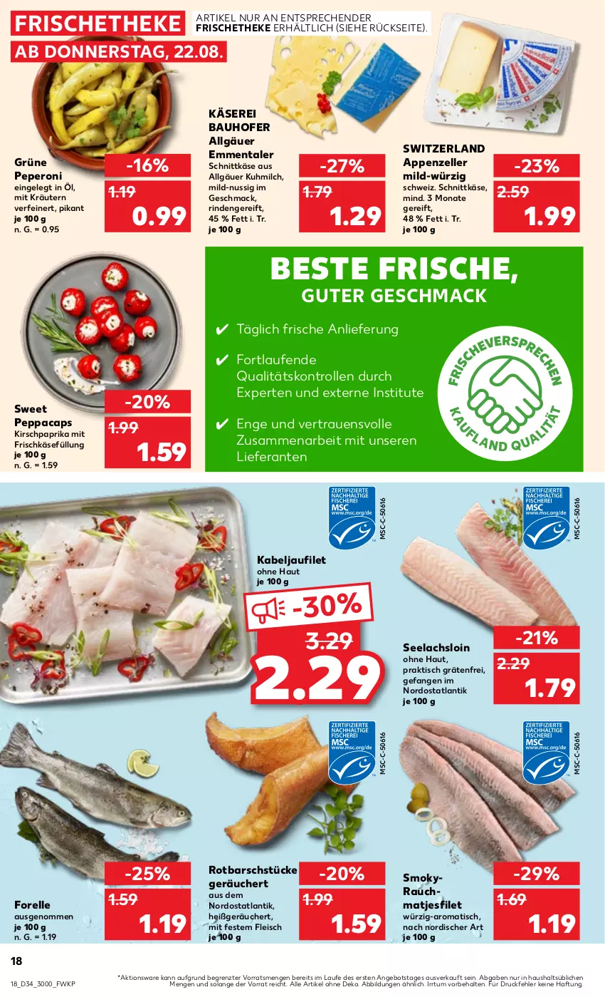 Aktueller Prospekt Kaufland - Prospekt - von 22.08 bis 28.08.2024 - strona 18 - produkty: angebot, appenzeller, Bau, Cap, eis, elle, emmentaler, filet, fleisch, forelle, frischkäse, HP, kabeljaufilet, Käse, kirsch, kräuter, kräutern, lachs, Laufen, LG, mac, matjes, Matjesfilet, milch, nuss, paprika, peperoni, Peroni, Rauch, rel, rind, Rotbarsch, schnittkäse, Ti, tisch, ZTE