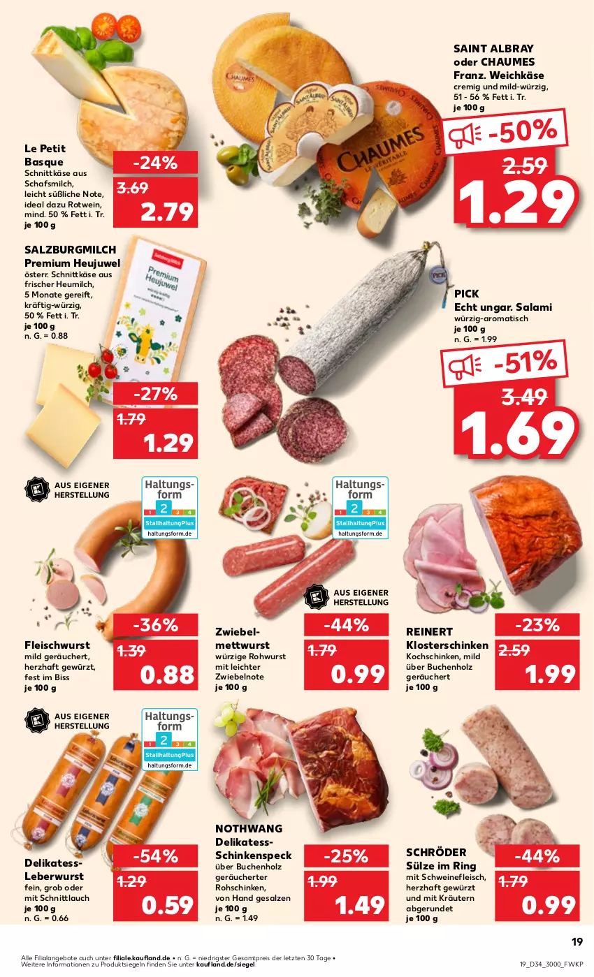 Aktueller Prospekt Kaufland - Prospekt - von 22.08 bis 28.08.2024 - strona 19 - produkty: albray, angebot, angebote, buch, chaumes, eis, fleisch, fleischwurst, gewürz, Heu, Heujuwel, heumilch, Holz, Käse, kochschinken, kräuter, kräutern, leberwurst, Mett, mettwurst, milch, reinert, reis, ring, rohschinken, Rohwurst, rotwein, saint albray, salami, salz, SalzburgMilch, schinken, schinkenspeck, schnittkäse, schnittlauch, schwein, schweine, schweinefleisch, Speck, Ti, tisch, weichkäse, wein, weine, wurst, ZTE, zwiebel, zwiebelmettwurst, zwiebeln