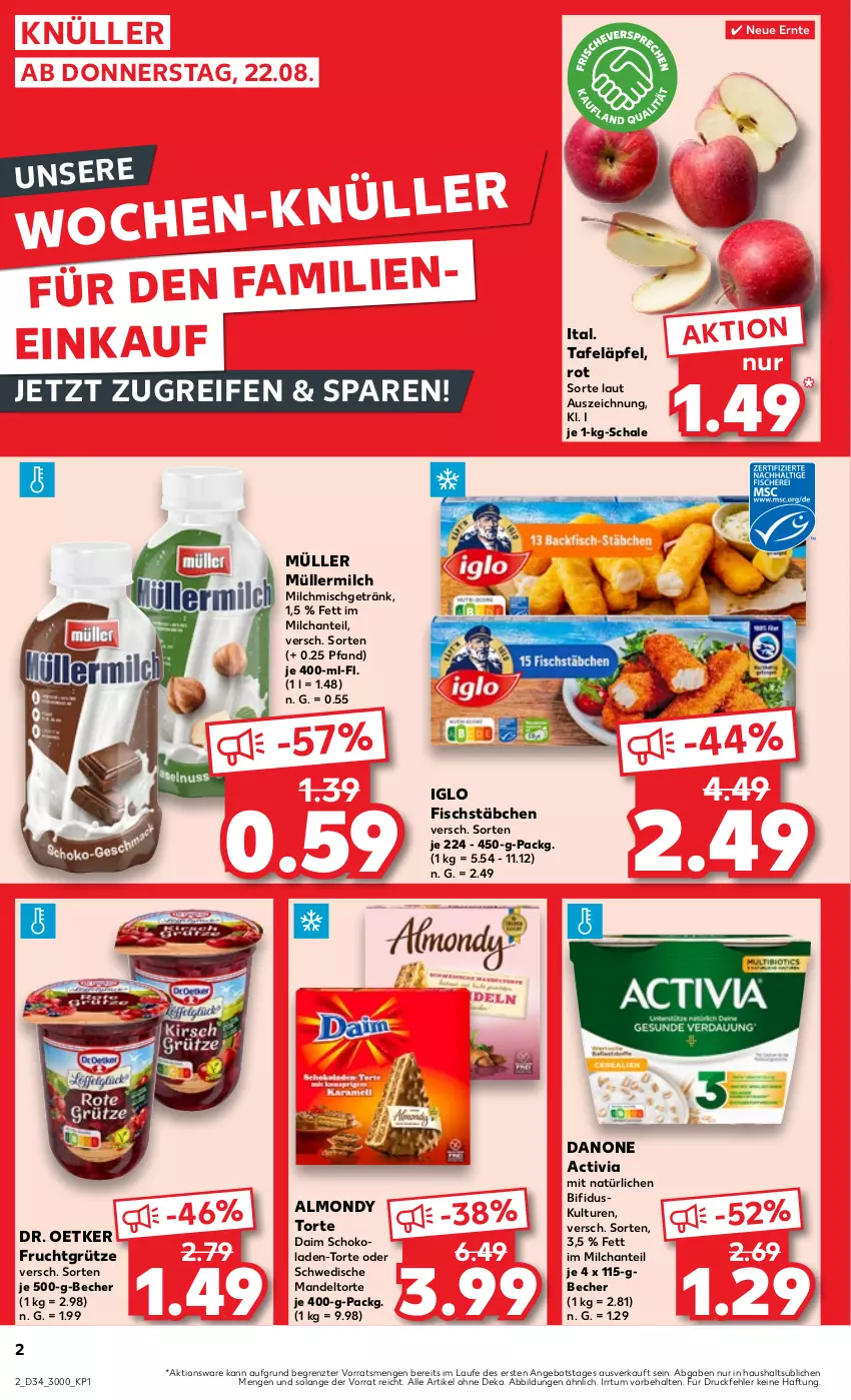 Aktueller Prospekt Kaufland - Prospekt - von 22.08 bis 28.08.2024 - strona 2 - produkty: activia, angebot, Becher, bifi, daim, danone, danone activia, Dr. Oetker, fisch, fischstäbchen, frucht, fruchtgrütze, getränk, grütze, iglo, mandel, milch, Müller, müllermilch, reifen, Schal, Schale, schoko, schokolade, schokoladen, tafeläpfel, Ti, torte, ZTE