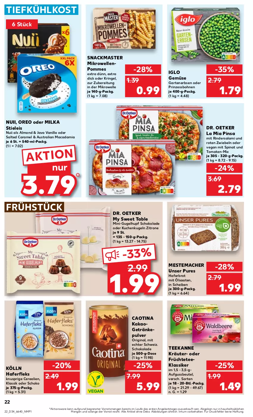 Aktueller Prospekt Kaufland - Prospekt - von 22.08 bis 28.08.2024 - strona 22 - produkty: angebot, aust, beutel, bohne, bohnen, brot, caramel, cerealien, Dr. Oetker, eis, elle, erbsen, früchte, Früchtetee, Garten, gartenerbsen, getränk, getränke, getränkepulver, gin, hafer, haferfleks, iglo, kakao, kölln, kräuter, kuchen, Kugel, mac, macadamia, mestemacher, mikrowelle, milka, my sweet table, nuii, oreo, pommes, prinzessbohnen, rind, rinder, Rindersalami, ring, salami, schoko, schokolade, snack, spinat, stieleis, tee, teekanne, Ti, tiefkühlkost, tomate, tomaten, zitrone, ZTE, zwiebel, zwiebeln