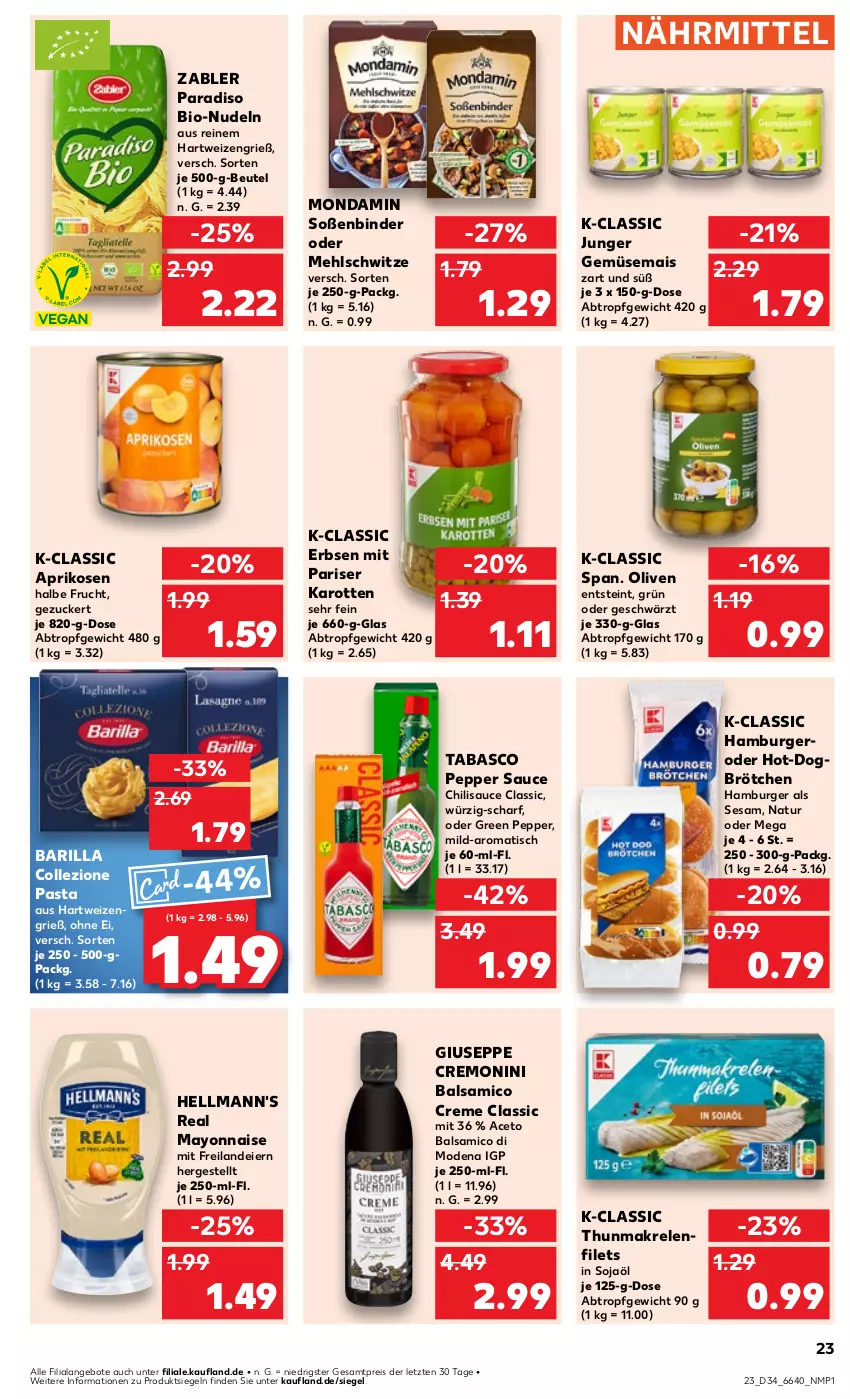 Aktueller Prospekt Kaufland - Prospekt - von 22.08 bis 28.08.2024 - strona 23 - produkty: aceto, aceto balsamico, angebot, angebote, aprikose, aprikosen, balsam, balsamico, barilla, beutel, bio, brötchen, burger, chili, creme, eier, eis, erbsen, filet, filets, frucht, gemüsemais, hamburger, hartweizen, Hellmann's, karotten, mais, Makrele, Makrelenfilets, mayonnaise, mehl, Mode, mondamin, monin, natur, nudel, nudeln, olive, oliven, pasta, reis, rel, sauce, sesam, soja, Soße, tabasco, Ti, tisch, Yo, Zabler, ZTE, zucker