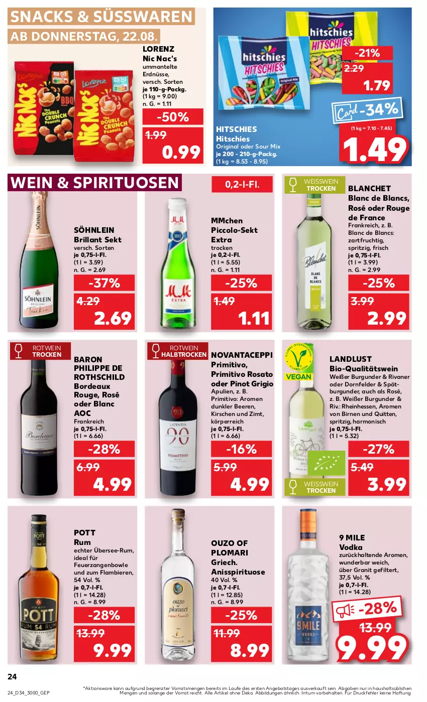 Aktueller Prospekt Kaufland - Prospekt - von 22.08 bis 28.08.2024 - strona 24 - produkty: angebot, beere, beeren, bier, Biere, bio, Birnen, bowle, brillant sekt, burgunder, de blancs, dornfelder, eis, erdnüsse, frucht, gin, kirsch, kirsche, kirschen, lorenz, Mantel, nic nac's, ouzo, Pinot, pinot grigio, primitivo, qualitätswein, Rivaner, rosato, rotwein, rouge, rum, sekt, snack, snacks, söhnlein, söhnlein brillant, spätburgunder, spirituosen, süsswaren, Ti, vodka, wein, Zangen, ZTE