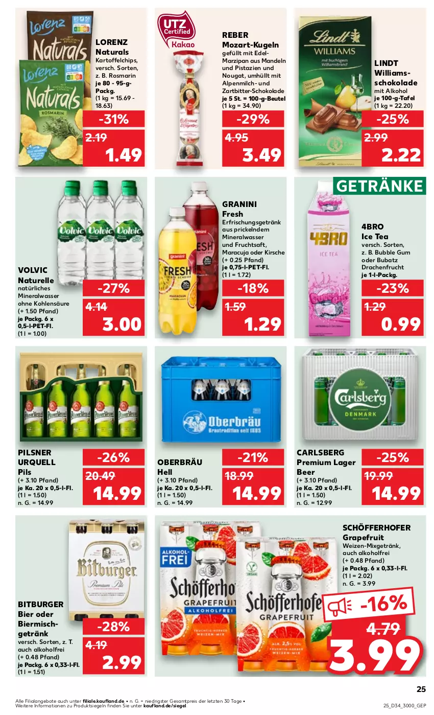 Aktueller Prospekt Kaufland - Prospekt - von 22.08 bis 28.08.2024 - strona 25 - produkty: alkohol, alpenmilch, Alwa, angebot, angebote, beutel, bier, bitburger, burger, carlsberg, chips, Edelmarzipan, eis, elle, erfrischungsgetränk, frucht, fruchtsaft, getränk, getränke, granini, grapefruit, ice tea, kartoffel, kartoffelchips, kirsch, kirsche, Kugel, lindt, lorenz, mandel, mandeln, maracuja, marzipan, milch, mineralwasser, Mixgetränk, natur, natura, natürliches mineralwasser, pils, pilsner, pilsner urquell, pistazien, reis, rel, rosmarin, saft, schöfferhofer, schoko, schokolade, Ti, volvic, wasser, ZTE