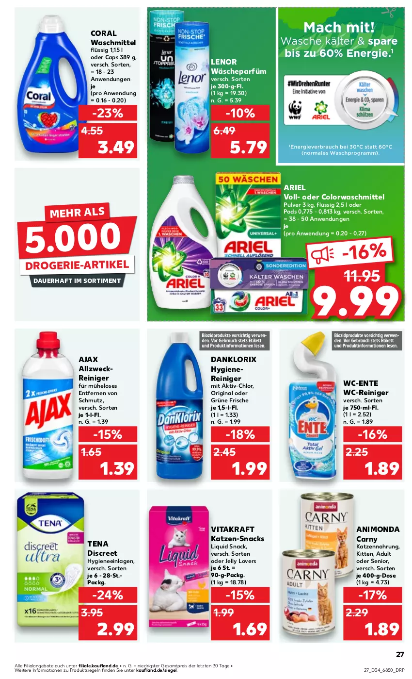 Aktueller Prospekt Kaufland - Prospekt - von 22.08 bis 28.08.2024 - strona 27 - produkty: ajax, allzweckreiniger, angebot, angebote, ariel, auer, Cap, colorwaschmittel, Coral, danklorix, Discreet, drogerie-artikel, eis, ente, gin, katzennahrung, kraft, lenor, Pods, reiniger, reis, snack, snacks, Ti, vita, vitakraft, wäscheparfüm, waschmittel, wc-reiniger, weck, ZTE