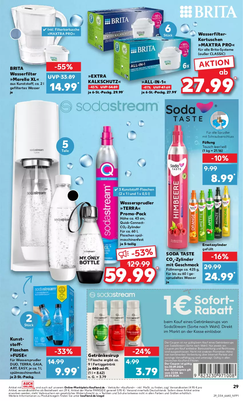 Aktueller Prospekt Kaufland - Prospekt - von 22.08 bis 28.08.2024 - strona 29 - produkty: aktionspreis, Brei, brita, coupon, eis, erde, filterkartuschen, flasche, getränk, getränke, getränkesirup, mac, Maxtra, ndk, Parkside, Rauch, reis, rel, schuhe, sirup, Soda, sodastream, Sprudel, spülmaschinen, Ti, versandkostenfrei, wasser, wasserfilter, wassersprudler