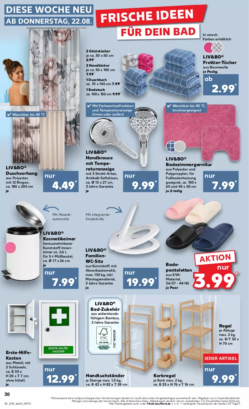 Aktueller Prospekt Kaufland - Prospekt - von 22.08 bis 28.08.2024 - strona 30 - produkty: angebot, angebote, auto, Bad, badetuch, bambus, Bau, baumwolle, beutel, brause, Brille, duschtuch, duschvorhang, eimer, eis, Ergee, garnitur, Gästetücher, handbrause, handtuch, handtücher, Kinder, korb, kosmetik, kosmetikeimer, müllbeutel, pantolette, pantoletten, regal, reis, Ria, ring, Ti, Trockner, tuc, tücher, wc-sitz, wolle, ZTE