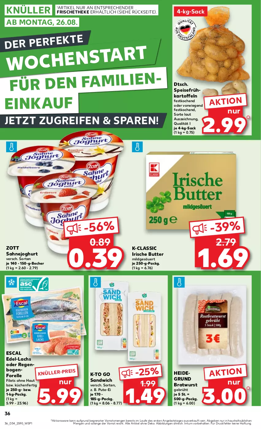 Aktueller Prospekt Kaufland - Prospekt - von 22.08 bis 28.08.2024 - strona 36 - produkty: angebot, Becher, bratwurst, butter, eis, elle, escal, filet, filets, forelle, Frühkartoffeln, irische butter, joghur, joghurt, kartoffel, kartoffeln, küche, Küchen, lachs, pute, reifen, rel, sac, sahne, Sahnejoghurt, sandwich, speisefrühkartoffeln, Ti, wurst, zott, ZTE