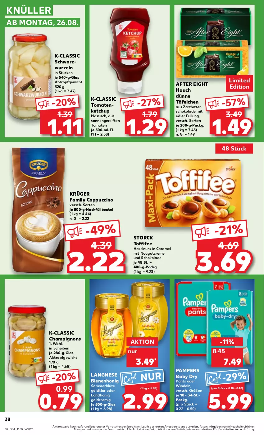 Aktueller Prospekt Kaufland - Prospekt - von 22.08 bis 28.08.2024 - strona 38 - produkty: after eight, angebot, beutel, Blüte, Cap, cappuccino, caramel, champignon, champignons, cin, creme, haselnuss, honig, ketchup, krüger, langnese, Nougatcreme, nuss, pampers, pampers baby dry, Pants, schoko, schokolade, storck, Ti, toffifee, tomate, tomaten, tomatenketchup, windeln, Zartbitterschokolade, ZTE