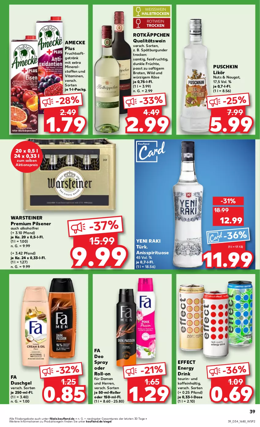 Aktueller Prospekt Kaufland - Prospekt - von 22.08 bis 28.08.2024 - strona 39 - produkty: aktionspreis, alkohol, amecke, angebot, angebote, braten, burgunder, deo, deo spray, drink, duschgel, Effect, eis, energy drink, fa duschgel, frucht, früchte, fruchtsaft, fruchtsaftgetränk, getränk, Käse, likör, pils, pilsener, premium pils, qualitätswein, reis, roll-on, Roller, rotkäppchen, rotwein, saft, spätburgunder, steiner, Ti, vita, Vitamine, warsteiner, wein, Wild, yeni raki, ZTE