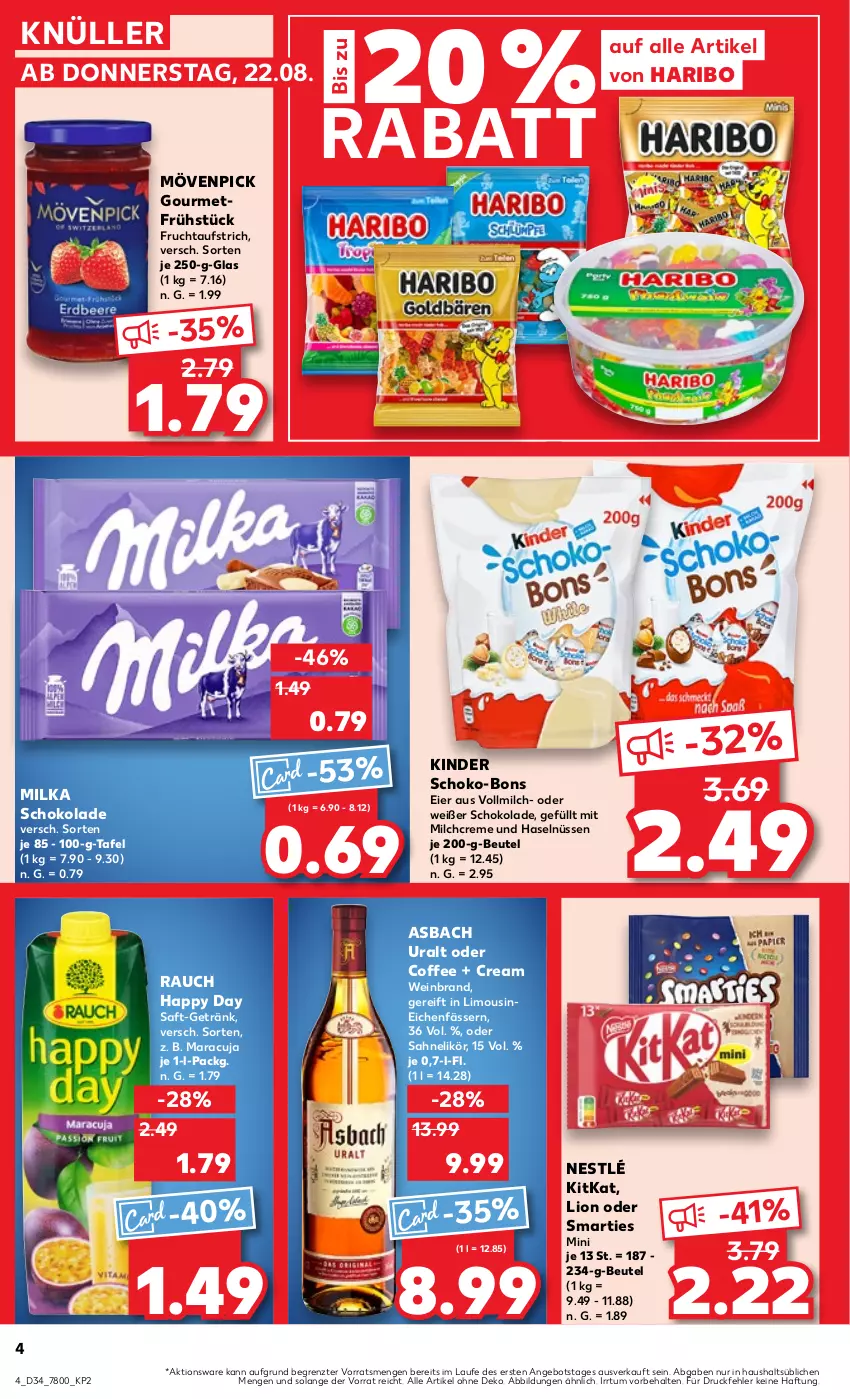 Aktueller Prospekt Kaufland - Prospekt - von 22.08 bis 28.08.2024 - strona 4 - produkty: angebot, asbach uralt, aufstrich, beutel, creme, eier, frucht, fruchtaufstrich, getränk, Happy Day, haribo, Kinder, kitkat, likör, limo, lion, maracuja, milch, milka, milka schokolade, mövenpick, nestlé, Rauch, saft, sahne, schoko, schoko-bons, schokolade, smarties, Ti, vollmilch, wein, weinbrand, ZTE