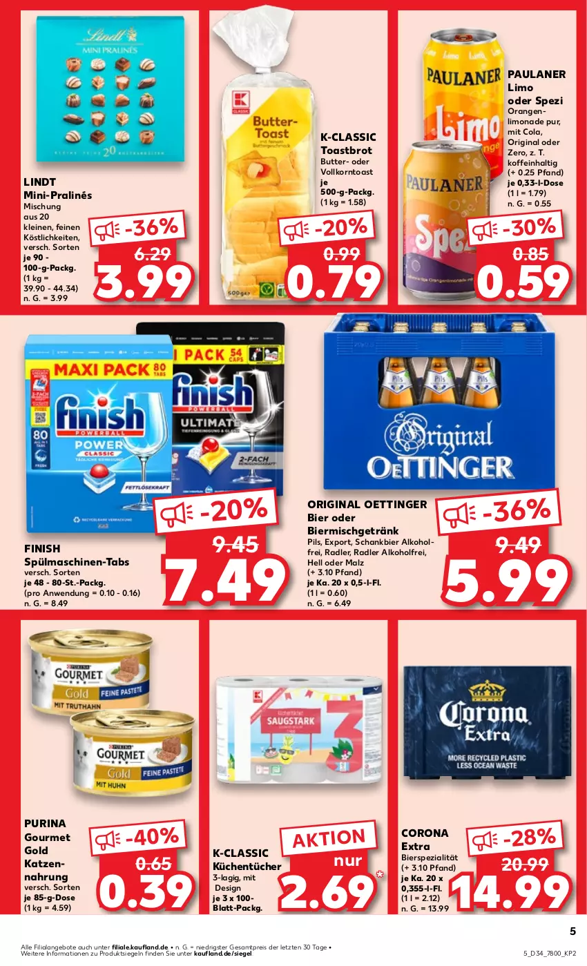 Aktueller Prospekt Kaufland - Prospekt - von 22.08 bis 28.08.2024 - strona 5 - produkty: alkohol, angebot, angebote, bier, brot, butter, cola, corona, corona extra, eis, Finish, getränk, gin, gourmet gold, katzennahrung, korn, küche, Küchen, küchentücher, leine, limo, limonade, lindt, malz, oettinger, orange, orangen, Paula, paulaner, pils, purina, radler, reis, Schankbier, Spezi, spülmaschinen, Ti, toast, Toastbrot, tücher, ZTE