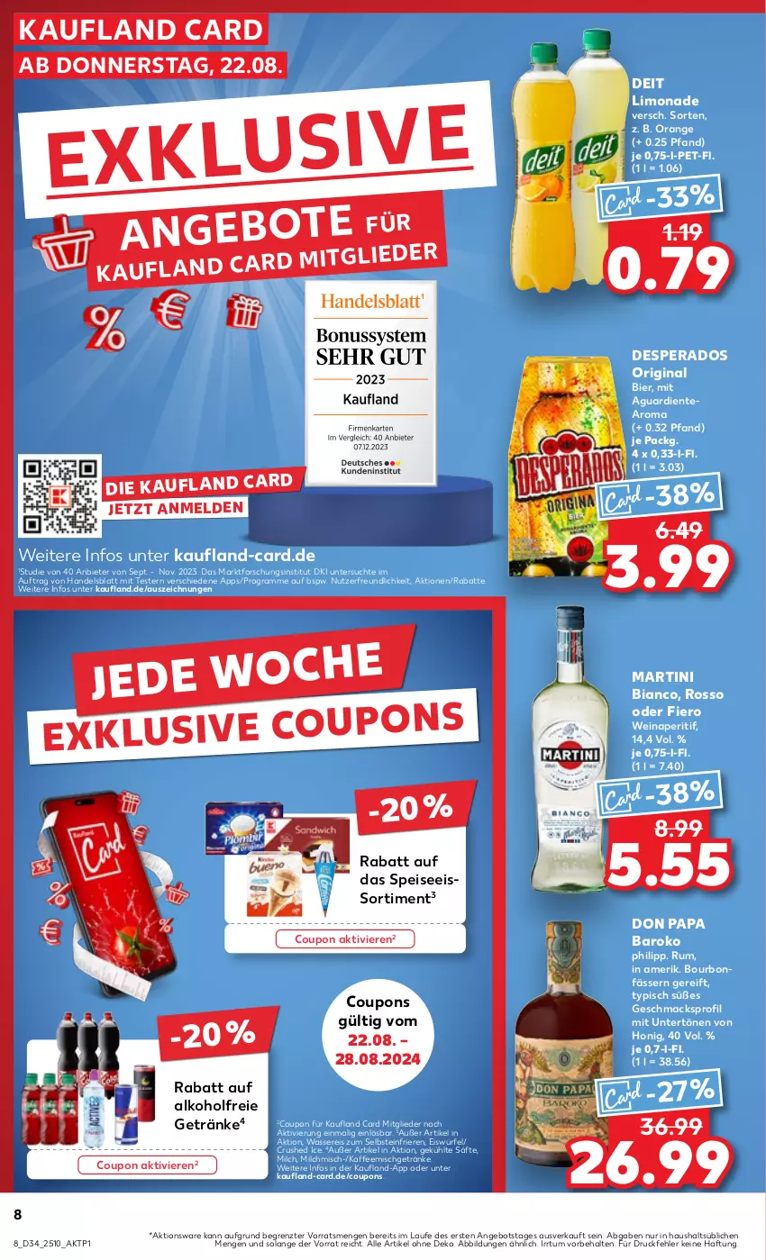 Aktueller Prospekt Kaufland - Prospekt - von 22.08 bis 28.08.2024 - strona 8 - produkty: alkohol, alkoholfreie getränke, angebot, aperitif, bier, bourbon, coupon, coupons, crushed ice, deit, desperados, die kaufland, eis, eiswürfel, ente, getränk, getränke, gin, honig, kaffee, limo, limonade, mac, martini, milch, orange, reis, rum, säfte, Ti, wasser, wassereis, wein, würfel, ZTE