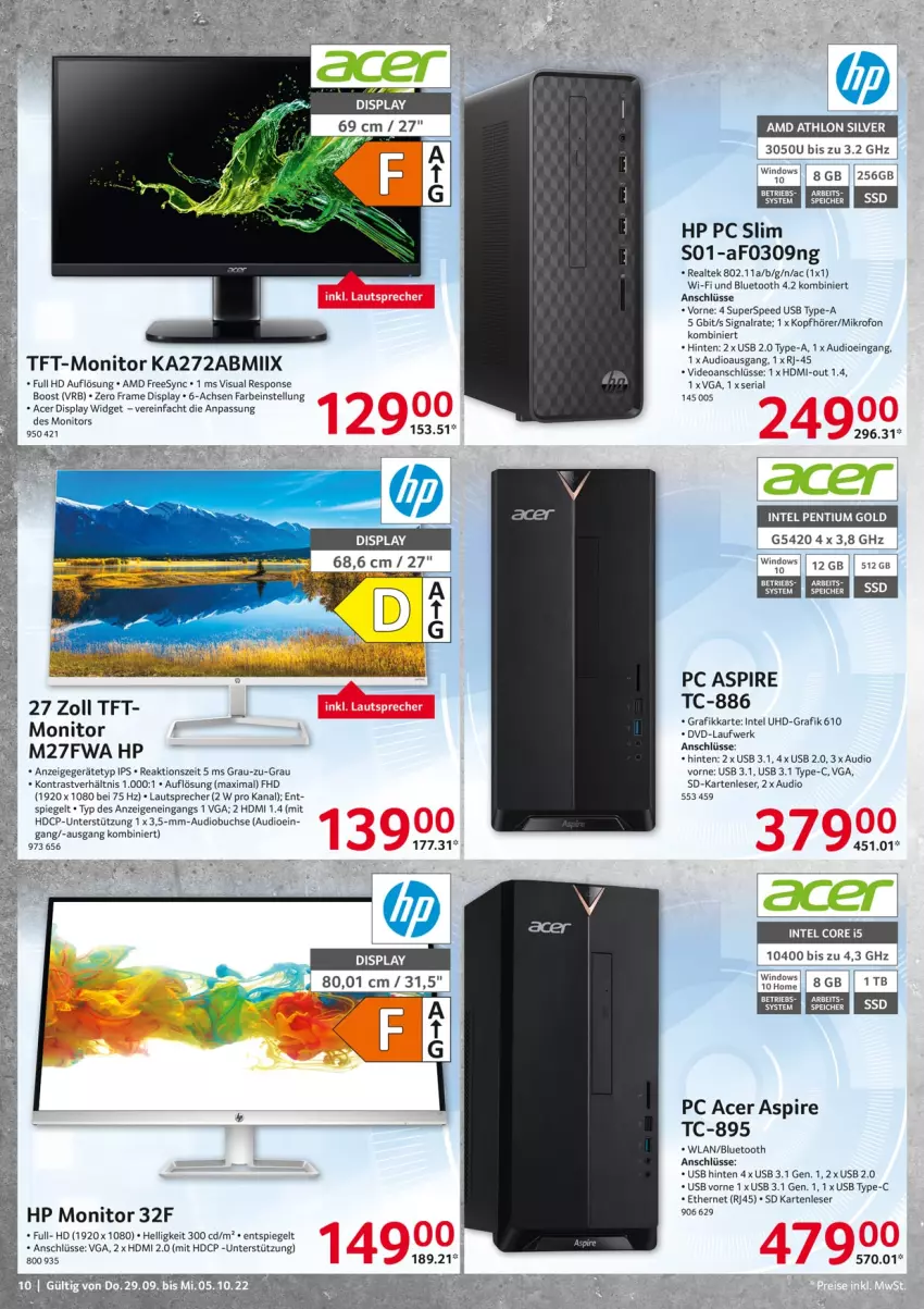 Aktueller Prospekt Selgros - Nonfood - von 29.09 bis 05.10.2022 - strona 10 - produkty: acer, buch, deo, dvd, HDMI, HP, Intel, kopfhörer, lautsprecher, monitor, Ria, Signal, spee, spiegel, Ti, uhd, usb