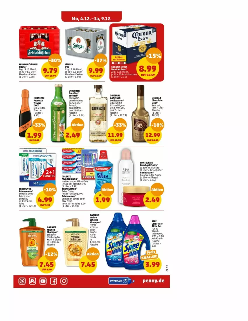 Aktueller Prospekt Penny - Prospekte - von 04.12 bis 09.12.2023 - strona 26 - produkty: corona, corona extra, creme, duschgel, ecco, flasche, flaschen-kasten, gin, Glühwein, liqueur, mionetto, prosecco, rel, sac, Ti, wein, zahncreme