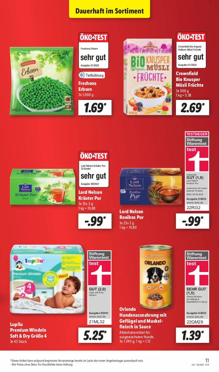 Aktueller Prospekt Lidl - Aktionsprospekt - von 18.07 bis 23.07.2022 - strona 11 - produkty: alleinfuttermittel, angebot, auer, beutel, bio, Brock, eis, erbsen, fleisch, früchte, Geflügel, korn, kräuter, lupilu, müsli, Nassnahrung, reis, sauce, Ti, windeln, ZTE