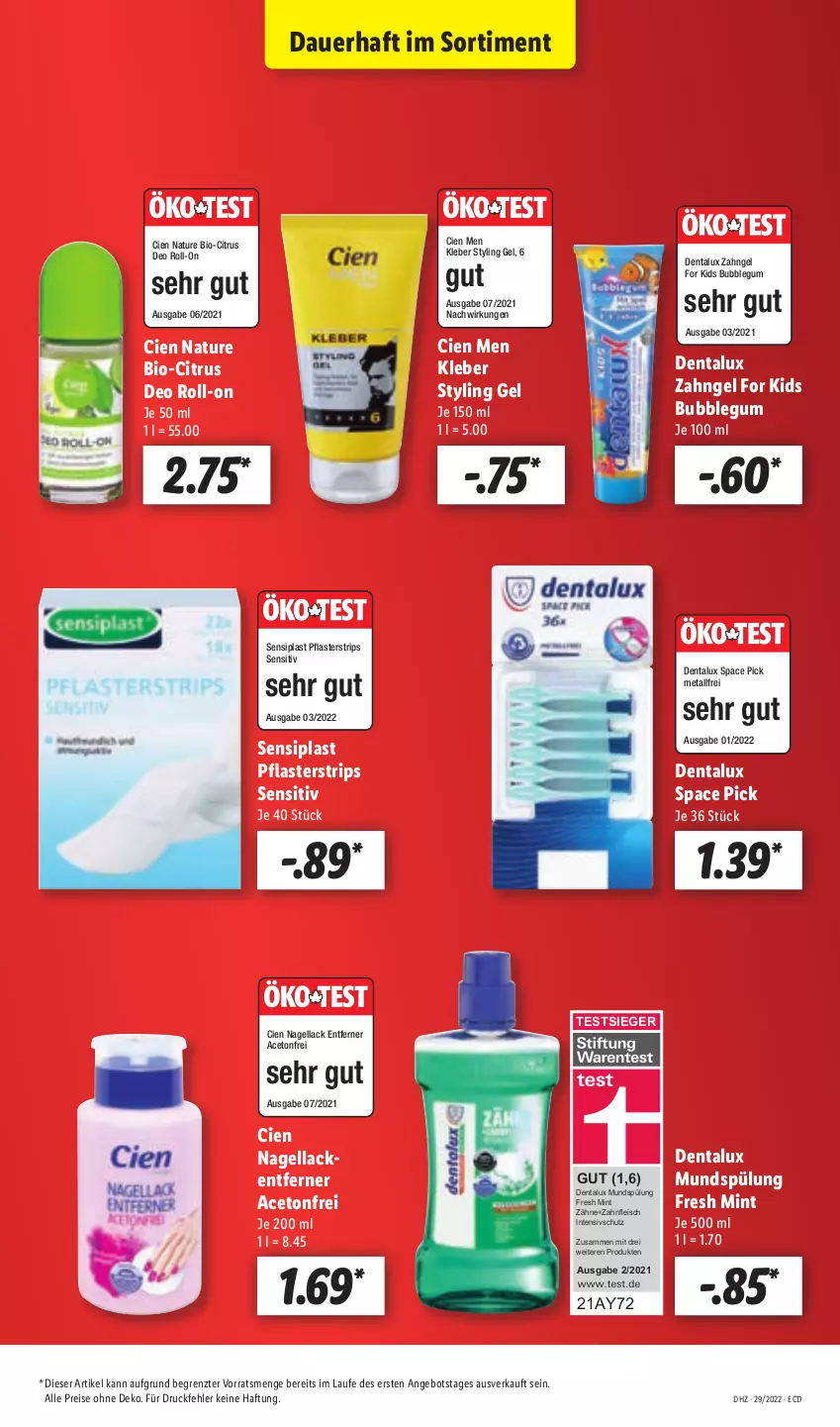 Aktueller Prospekt Lidl - Aktionsprospekt - von 18.07 bis 23.07.2022 - strona 13 - produkty: aceto, angebot, auer, bio, Cien, citrus, Dentalux, deo, deo roll-on, eis, fleisch, kleber, lack, Lacke, mint, mundspülung, Nagellack, Nagellackentferner, natur, pflaster, reis, roll-on, spülung, Styling Gel, Ti, ZTE