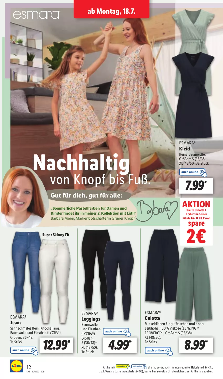 Aktueller Prospekt Lidl - Aktionsprospekt - von 18.07 bis 23.07.2022 - strona 14 - produkty: Bau, baumwolle, ecovero, eier, esmara, gin, hella, jeans, Kinder, kleid, leggings, lenzing, merl, ndk, reine baumwolle, Schal, Schale, shirt, T-Shirt, Tasche, taschen, Ti, wolle