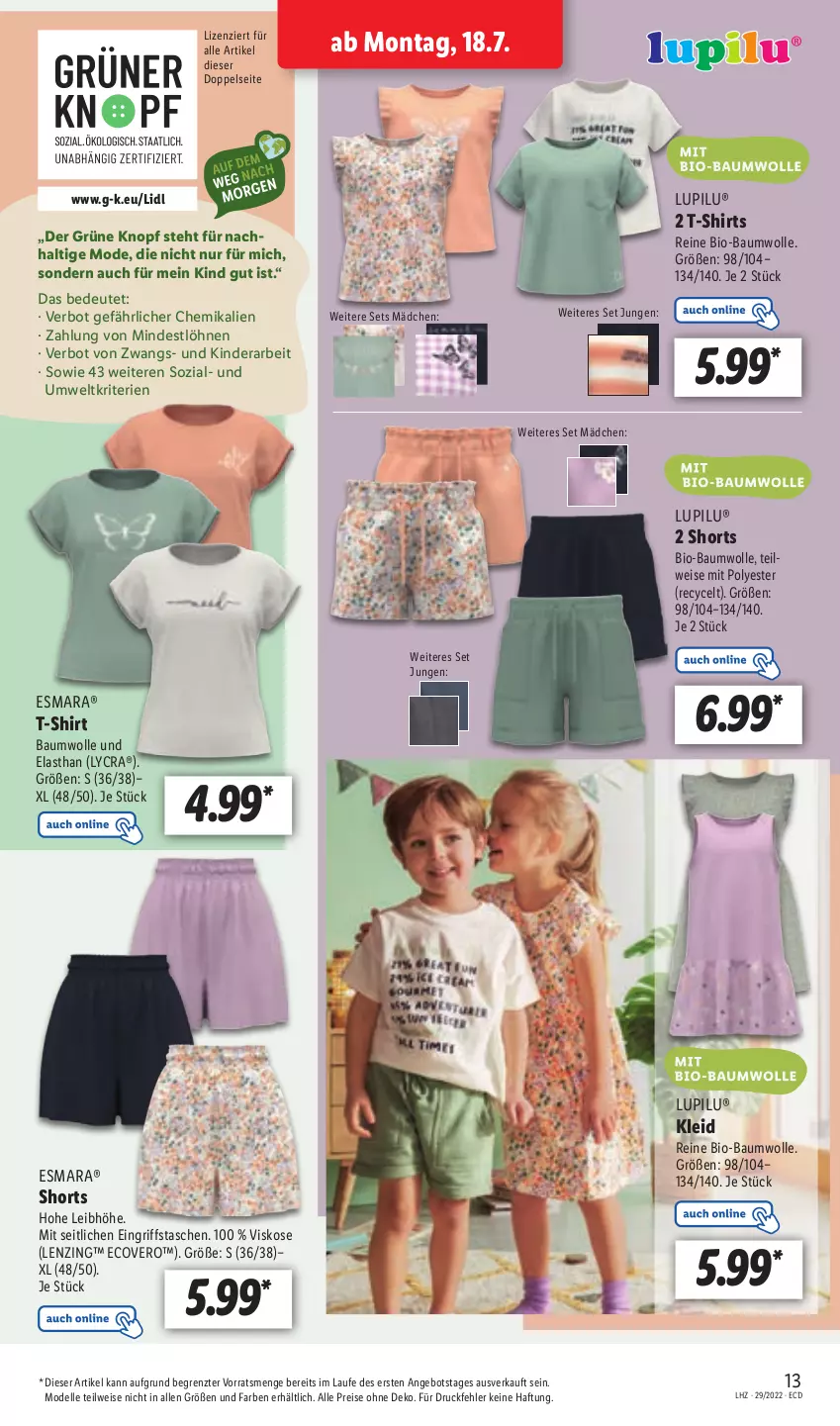 Aktueller Prospekt Lidl - Aktionsprospekt - von 18.07 bis 23.07.2022 - strona 15 - produkty: angebot, Bau, baumwolle, bio, bio-baumwolle, dell, ecovero, eis, elle, esmara, Kinder, kleid, lenzing, lupilu, mit bio-baumwolle, Mode, reis, shirt, shirts, shorts, T-Shirt, Tasche, taschen, Ti, wolle, ZTE