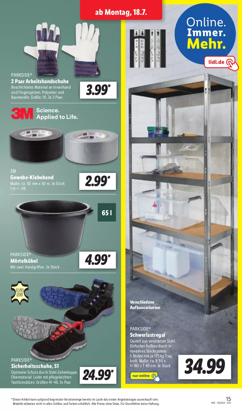 Aktueller Prospekt Lidl - Aktionsprospekt - von 18.07 bis 23.07.2022 - strona 17 - produkty: angebot, Bau, baumwolle, Beba, dell, eis, elle, handschuhe, kraft, Mode, Parkside, regal, reis, Ria, schuhe, schwerlastregal, Ti, wolle, ZTE