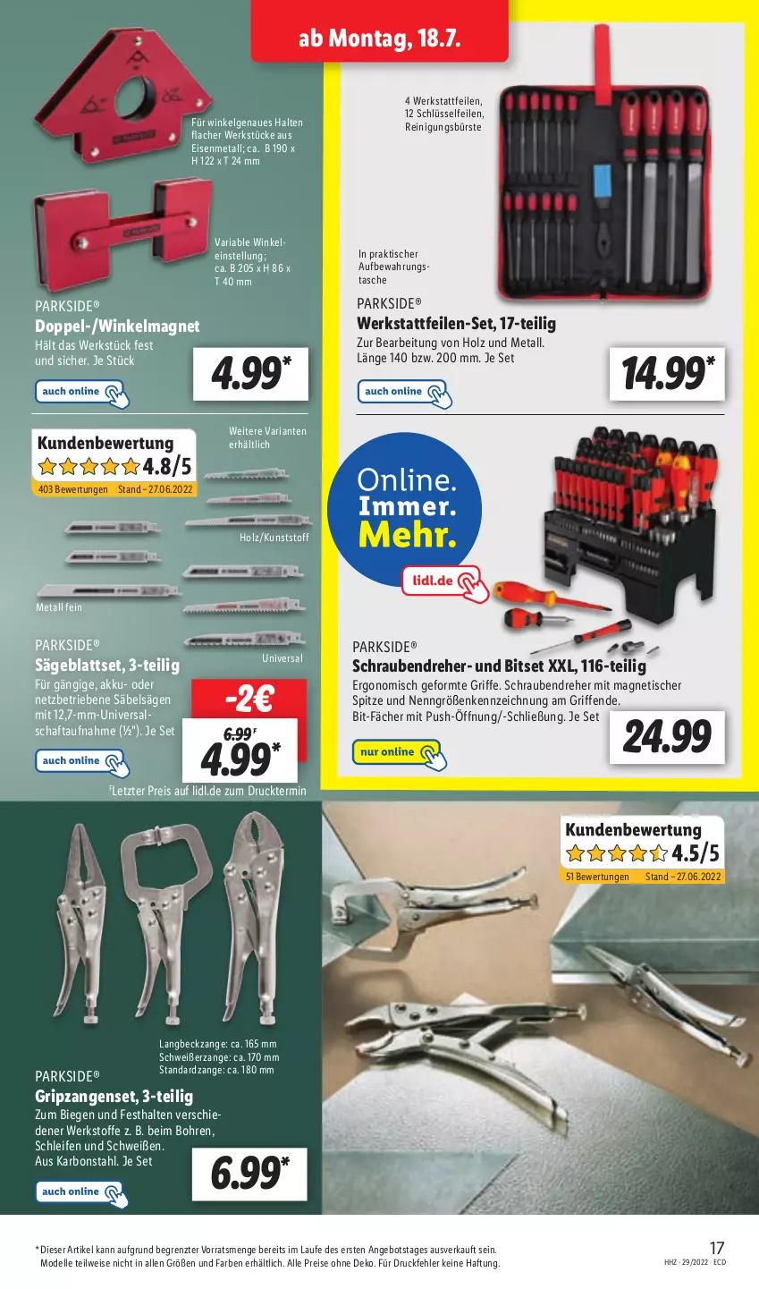 Aktueller Prospekt Lidl - Aktionsprospekt - von 18.07 bis 23.07.2022 - strona 19 - produkty: akku, angebot, aufbewahrungstasche, Bitset, bürste, dell, eis, elle, Holz, LG, Mode, Parkside, Reinigung, reinigungsbürste, reis, Ria, Säbelsäge, säge, schrauben, Schraubendreher, Tasche, Ti, tisch, Zangen, ZTE