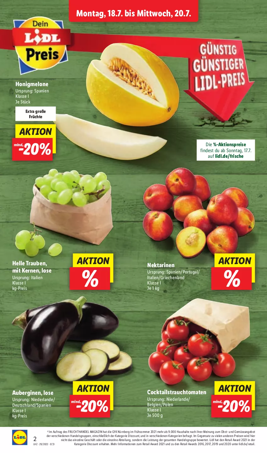 Aktueller Prospekt Lidl - Aktionsprospekt - von 18.07 bis 23.07.2022 - strona 2 - produkty: Abtei, aktionspreis, angebot, aubergine, auberginen, cocktail, cocktails, discount, eis, elle, frucht, früchte, gin, honig, honigmelone, LG, magazin, melone, Nektar, nektarinen, obst, Rauch, reis, strauchtomaten, Ti, tomate, tomaten, trauben, und gemüse