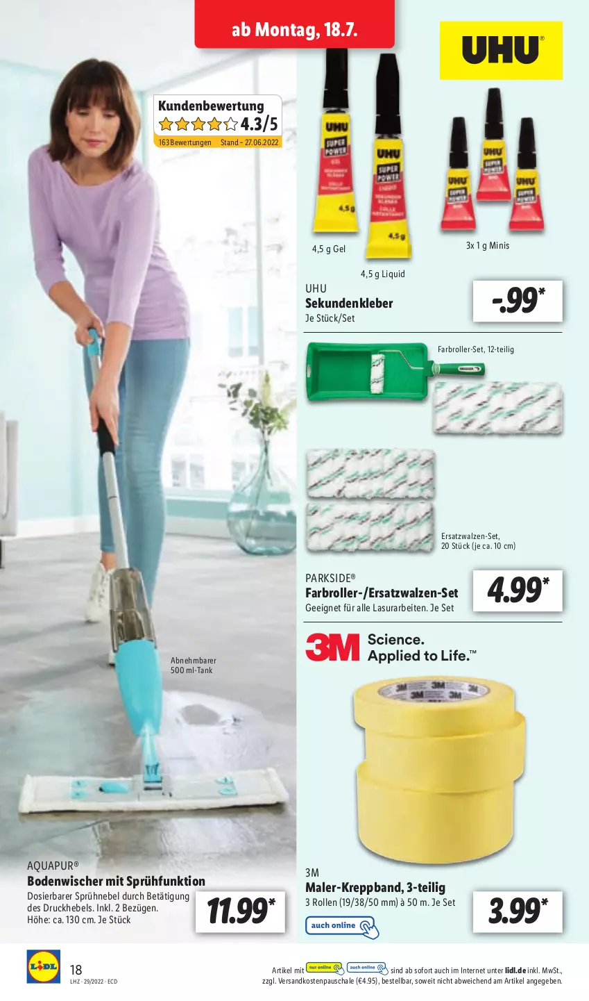 Aktueller Prospekt Lidl - Aktionsprospekt - von 18.07 bis 23.07.2022 - strona 20 - produkty: aqua, AquaPur, bodenwischer, Bodenwischer mit Sprühfunktion, Farbroller, kleber, ndk, Parkside, Roller, Schal, Schale, Ti, uhu