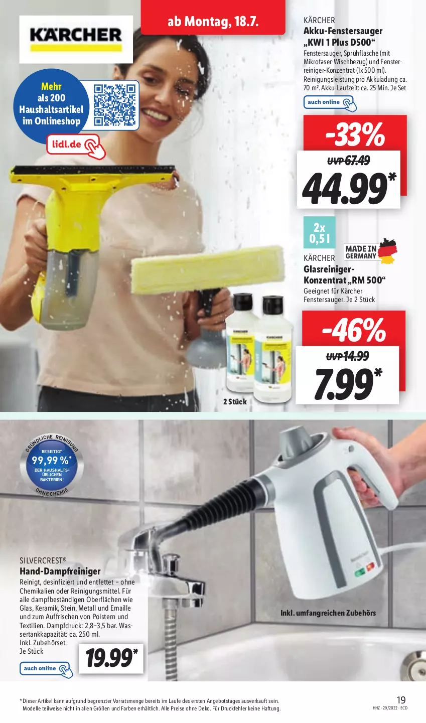 Aktueller Prospekt Lidl - Aktionsprospekt - von 18.07 bis 23.07.2022 - strona 21 - produkty: akku, angebot, dampfreiniger, dell, eis, elle, fenster, fenstersauger, flasche, Glasreiniger, Kärcher, maille, mikrofaser, Mode, reiniger, Reinigung, Reinigungsmittel, reis, silvercrest, sprühflasche, Ti, wasser, wassertank, ZTE