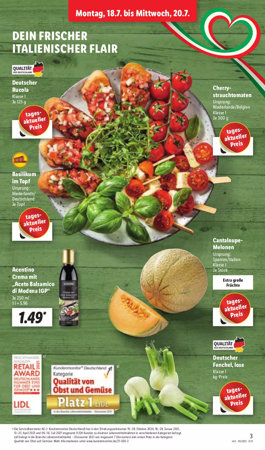 Aktueller Prospekt Lidl - Aktionsprospekt - von 18.07 bis 23.07.2022 - strona 3 - produkty: aceto, aceto balsamico, balsam, balsamico, basilikum, cola, discount, eis, elle, fenchel, früchte, lebensmittel, LG, melone, melonen, Mode, monitor, obst, Obst und Gemüse, pril, Rauch, reis, rucola, strauchtomaten, Ti, tomate, tomaten, topf, und gemüse