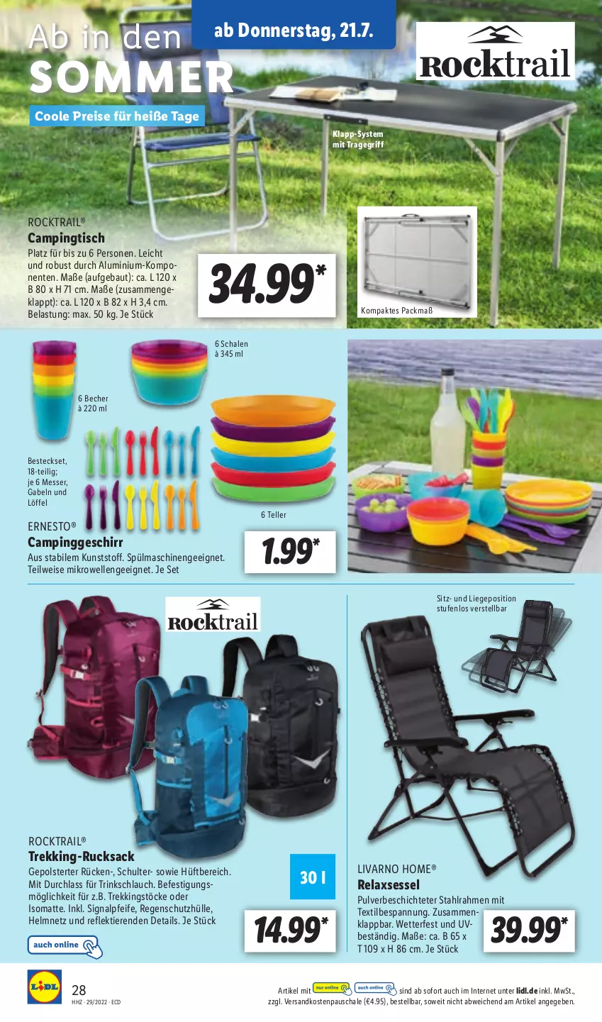 Aktueller Prospekt Lidl - Aktionsprospekt - von 18.07 bis 23.07.2022 - strona 32 - produkty: Bau, Becher, besteck, besteckset, Campingtisch, eis, elle, ente, ernesto, gabel, geschirr, Liege, Löffel, messer, mikrowelle, ndk, Regenschutz, reis, rel, relaxsessel, rucksack, sac, Schal, Schale, schlauch, sessel, Signal, somat, teller, Ti, Tiere, tisch, tragegriff