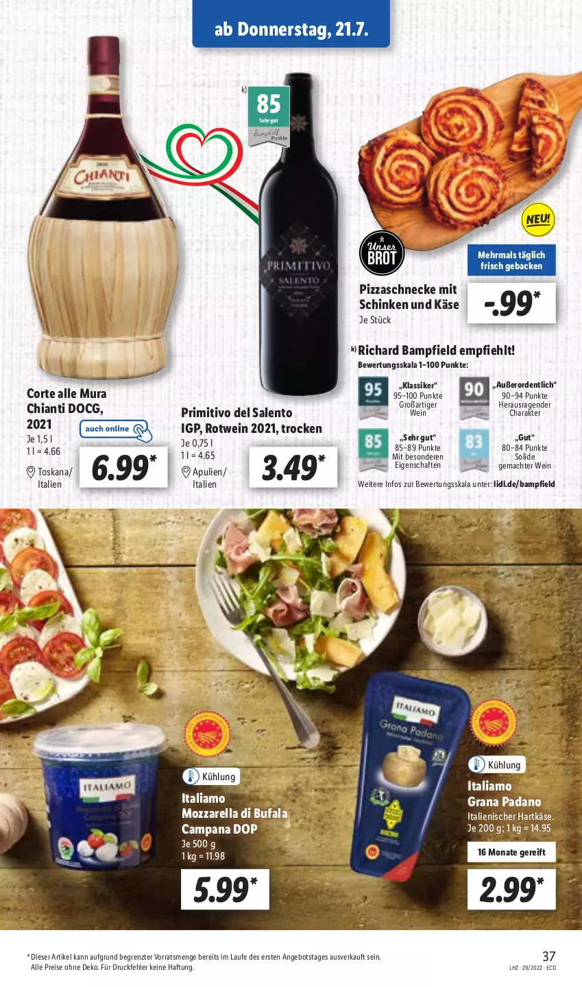 Aktueller Prospekt Lidl - Aktionsprospekt - von 18.07 bis 23.07.2022 - strona 41 - produkty: angebot, brot, chia, chianti, di bufala, eis, geback, grana, grana padano, hartkäse, italiamo, italienischer hartkäse, Käse, mac, mozzarella, padano, pizza, primitivo, Rana, reis, rel, rotwein, schinken, Ti, wein, ZTE