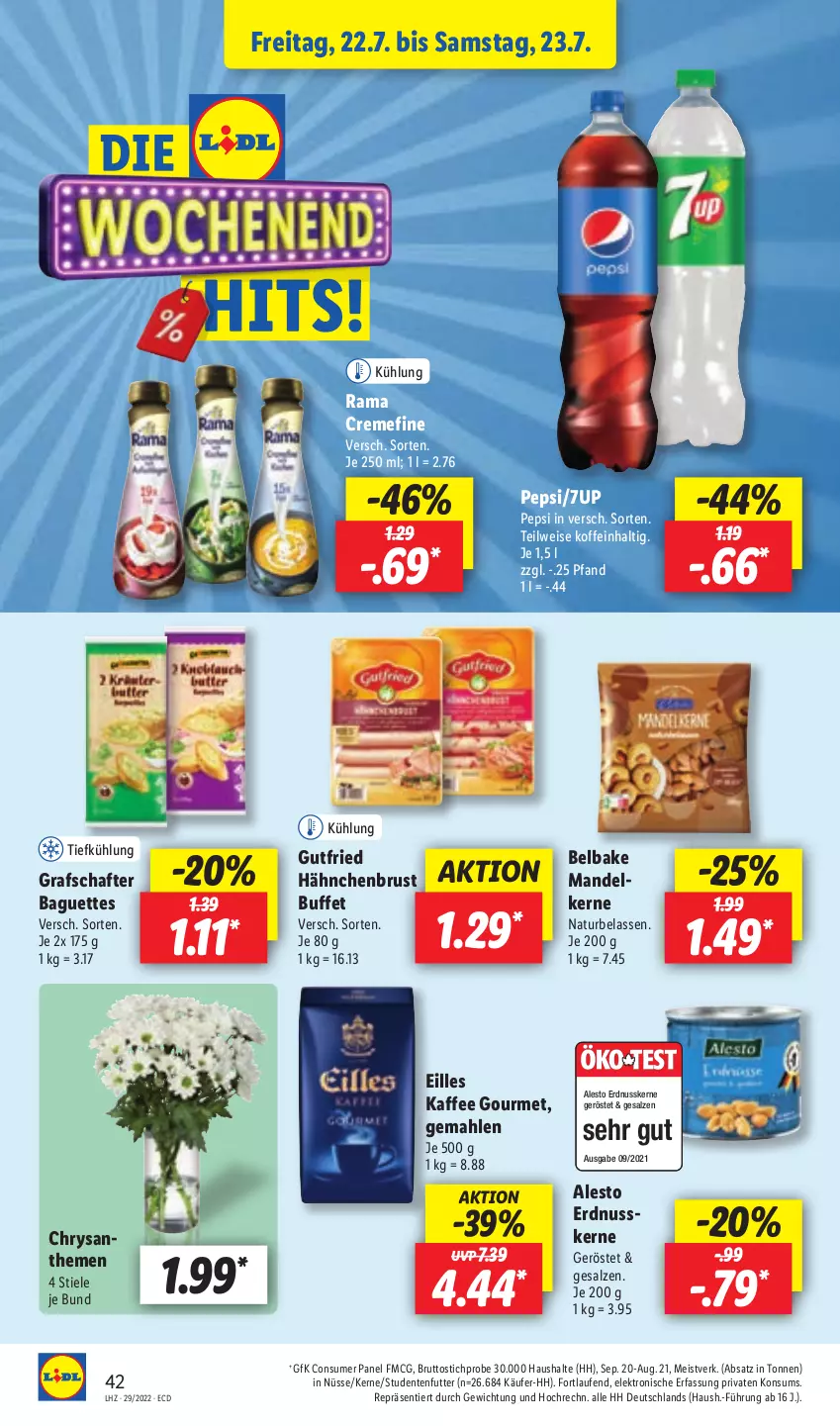 Aktueller Prospekt Lidl - Aktionsprospekt - von 18.07 bis 23.07.2022 - strona 46 - produkty: 7UP, alesto, baguette, baguettes, brut, creme, eis, Elektro, ente, erdnuss, grafschafter, gutfried, hähnchenbrust, HP, kaffee, Laufen, mandel, natur, ndk, nuss, pepsi, rama, rama cremefine, salz, Schal, Schale, studentenfutter, Ti