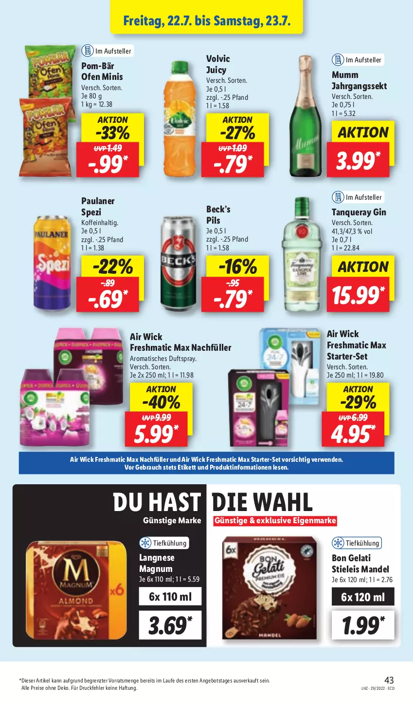 Aktueller Prospekt Lidl - Aktionsprospekt - von 18.07 bis 23.07.2022 - strona 47 - produkty: Air Wick, angebot, Bon Gelati, Duftspray, eis, elle, gin, jahrgangssekt, langnese, magnum, mandel, mumm, Ofen, Paula, paulaner, pils, pom-bär, Rauch, reis, rwe, sekt, Spezi, stieleis, Tanqueray, teller, Ti, tisch, volvic, WICK, ZTE