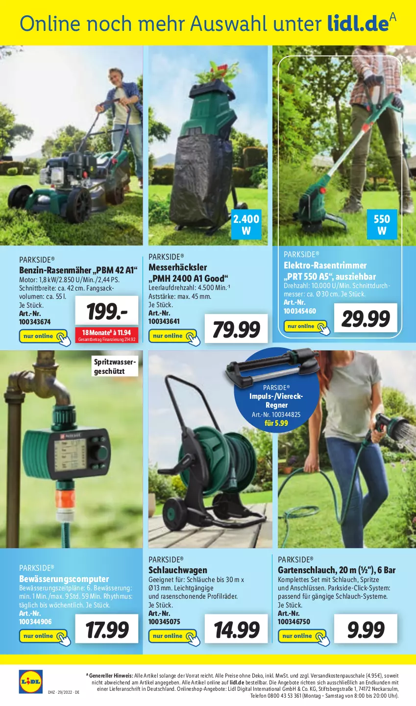 Aktueller Prospekt Lidl - Aktionsprospekt - von 18.07 bis 23.07.2022 - strona 52 - produkty: angebot, angebote, Brei, computer, eis, Elektro, elle, Garten, gartenschlauch, messer, ndk, Parkside, pute, rasen, rasenmäher, rasentrimmer, reis, rel, sac, Schal, Schale, schlauch, schläuche, schlauchwagen, telefon, Ti, uhr, Viereckregner, wasser