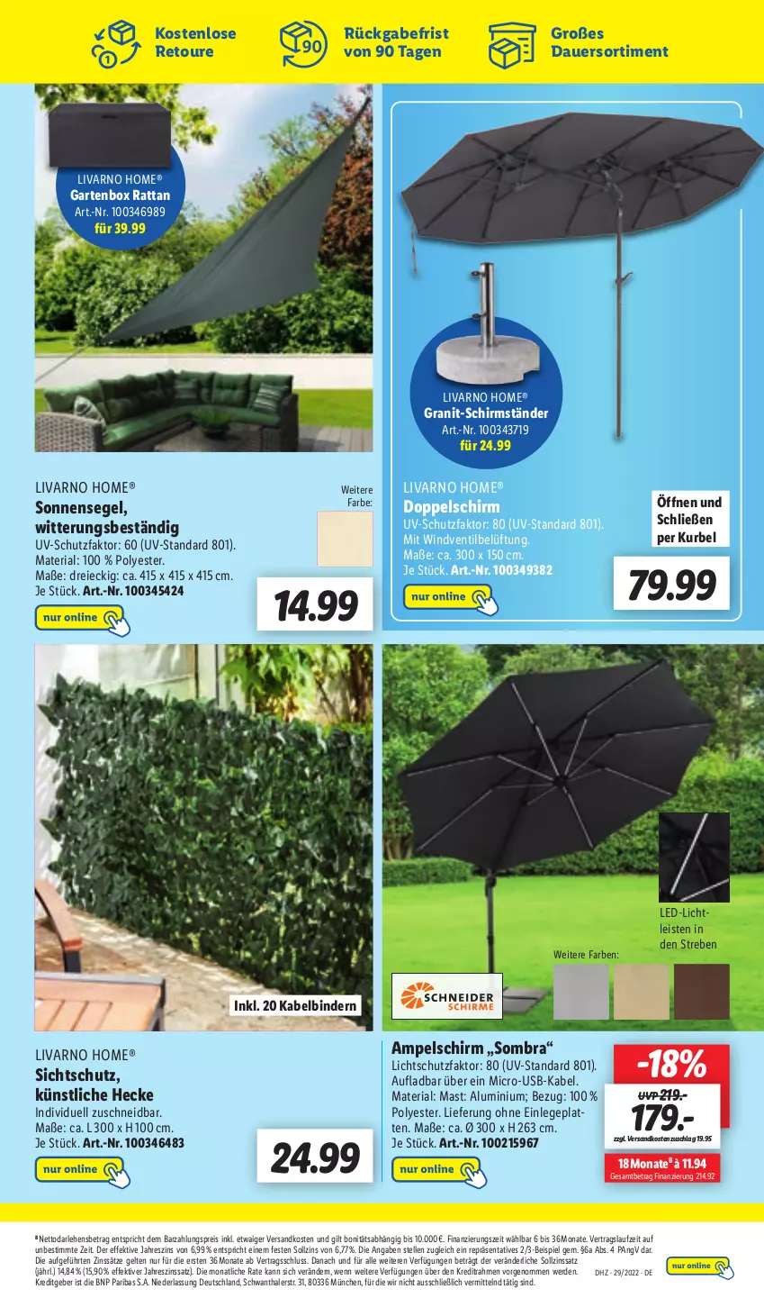 Aktueller Prospekt Lidl - Aktionsprospekt - von 18.07 bis 23.07.2022 - strona 53 - produkty: ampelschirm, auer, eis, elle, erde, Garten, latte, led-licht, ndk, ombra, reis, Ria, schirmständer, sonnensegel, Ti, usb, uv-schutz