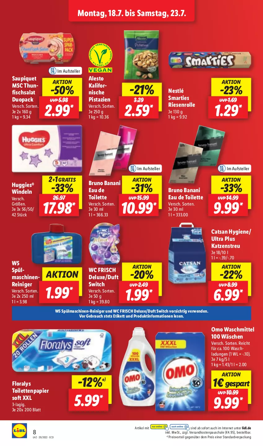 Aktueller Prospekt Lidl - Aktionsprospekt - von 18.07 bis 23.07.2022 - strona 8 - produkty: alesto, bruno banani, catsan, eau de toilette, eis, elle, fisch, Floralys, Huggies, Katzenstreu, ndk, nestlé, papier, pistazien, preisvorteil, Rauch, reiniger, reis, rwe, salat, saupiquet, Schal, Schale, smarties, spülmaschinen, teller, Ti, toilettenpapier, waschmittel, wc frisch, windeln