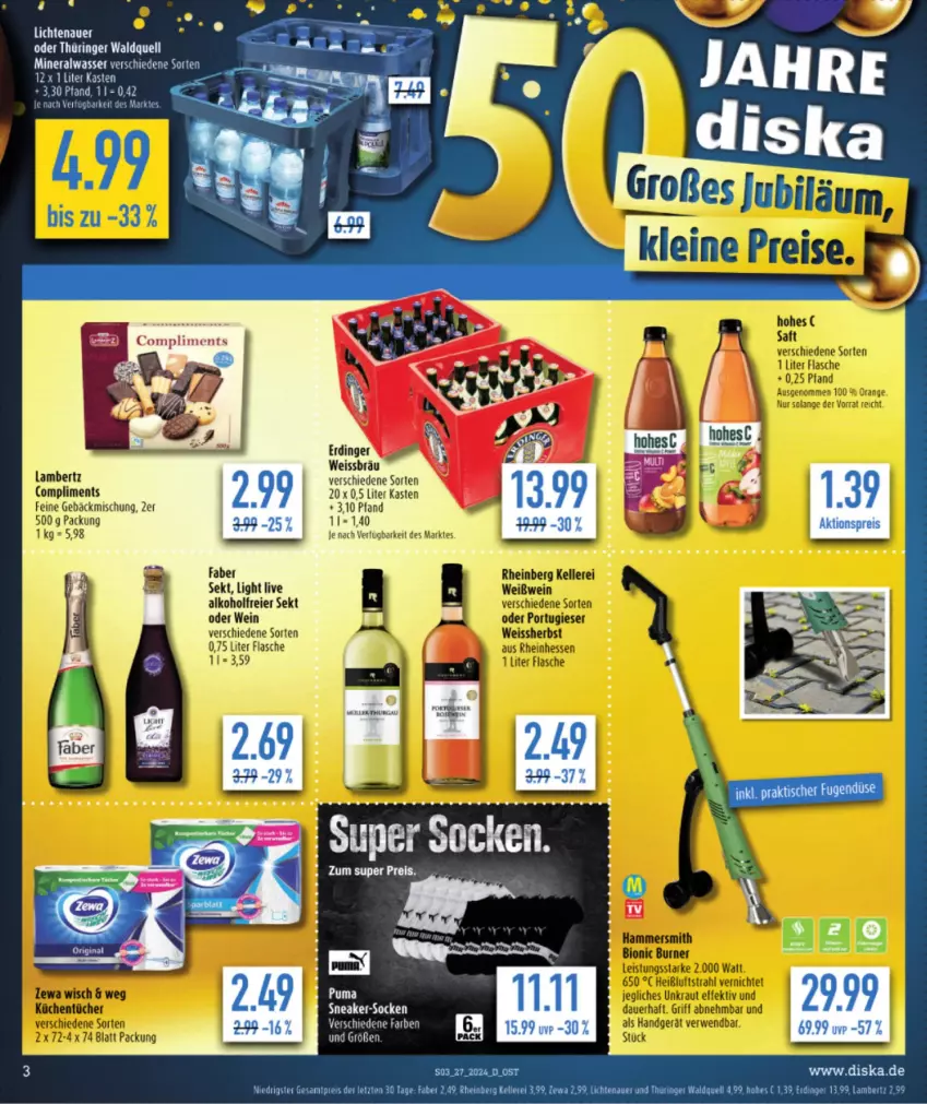 Aktueller Prospekt Diska - von 01.07 bis 06.07.2024 - strona 5 - produkty: alkohol, Alwa, Amber, auer, eier, eis, elle, ente, erdinger, Feine Gebäckmischung, flasche, gebäckmischung, lambertz, lichtenauer, mineralwasser, reis, ring, sekt, sneaker, socken, wasser, wein, Yo, ZTE