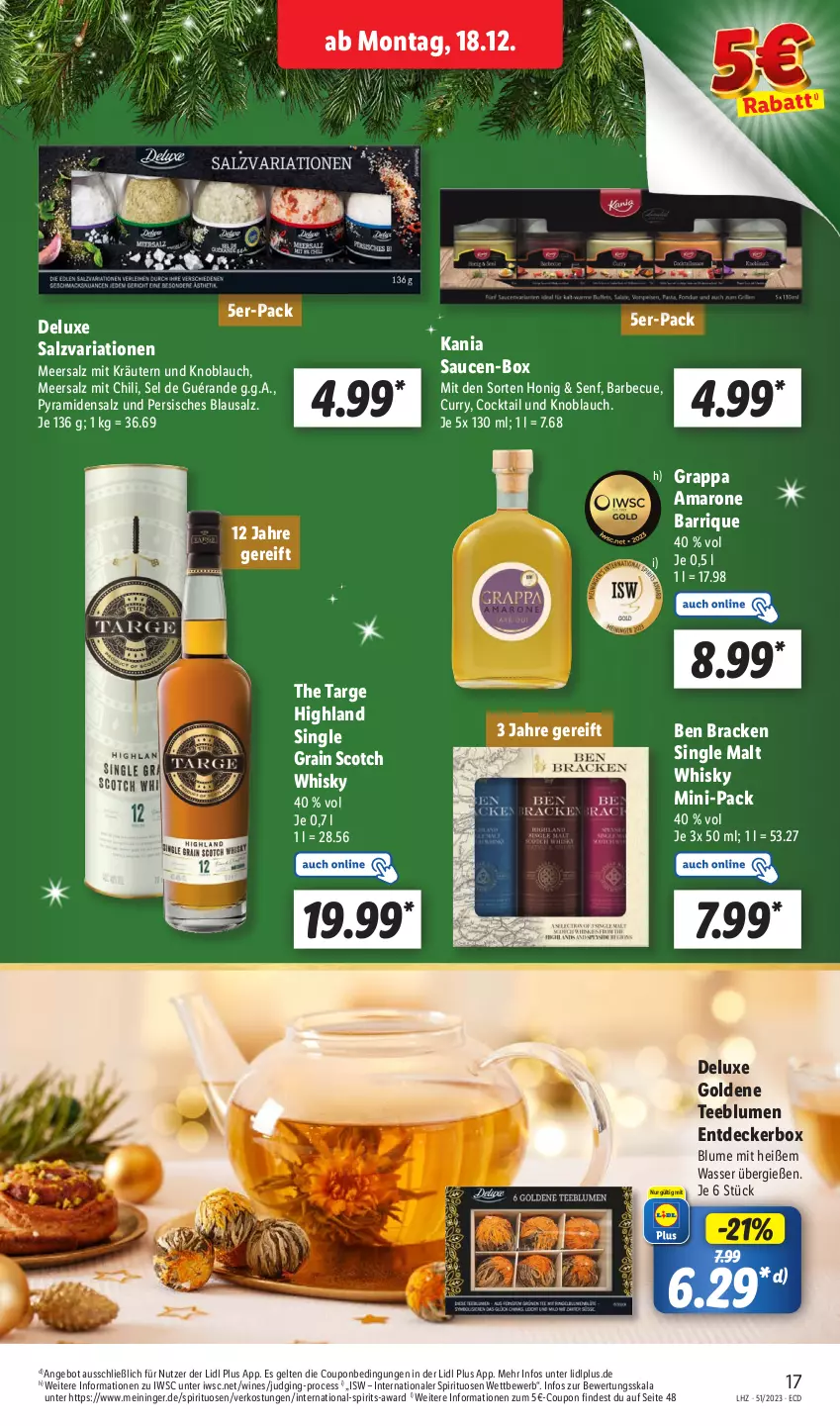 Aktueller Prospekt Lidl - Aktionsprospekt - von 18.12 bis 23.12.2023 - strona 19 - produkty: amaro, angebot, barbecue, blume, blumen, chili, cocktail, coupon, curry, decke, gin, grappa, honig, knoblauch, kräuter, kräutern, meersalz, Ria, salz, sauce, saucen, scotch, scotch whisky, senf, single malt, spirituosen, tee, Ti, wasser, whisky