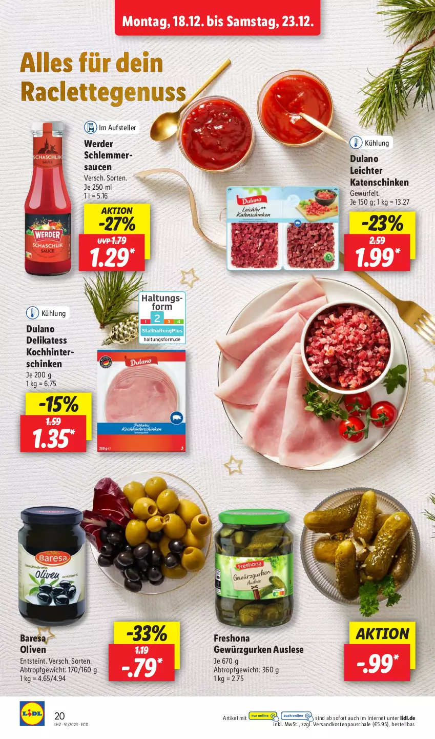 Aktueller Prospekt Lidl - Aktionsprospekt - von 18.12 bis 23.12.2023 - strona 24 - produkty: dulano, elle, erde, gewürz, Gewürzgurke, gewürzgurken, gurke, gurken, katenschinken, ndk, olive, oliven, resa, sauce, saucen, Schal, Schale, schinken, teller, Ti, würfel