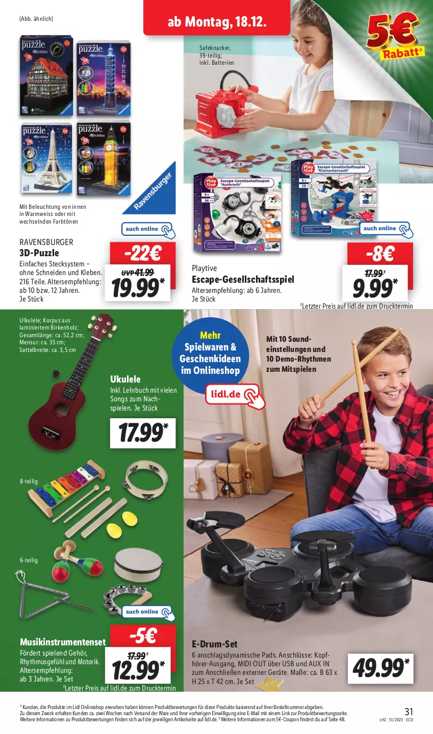 Aktueller Prospekt Lidl - Aktionsprospekt - von 18.12 bis 23.12.2023 - strona 35 - produkty: batterie, batterien, beleuchtung, Brei, buch, burger, Cap, coupon, eis, ente, Gesellschaftsspiel, Holz, knacker, Musikinstrument, Puzzle, ravensburger, reis, rum, sattel, Spiele, spielwaren, Ti, usb, weck, ZTE