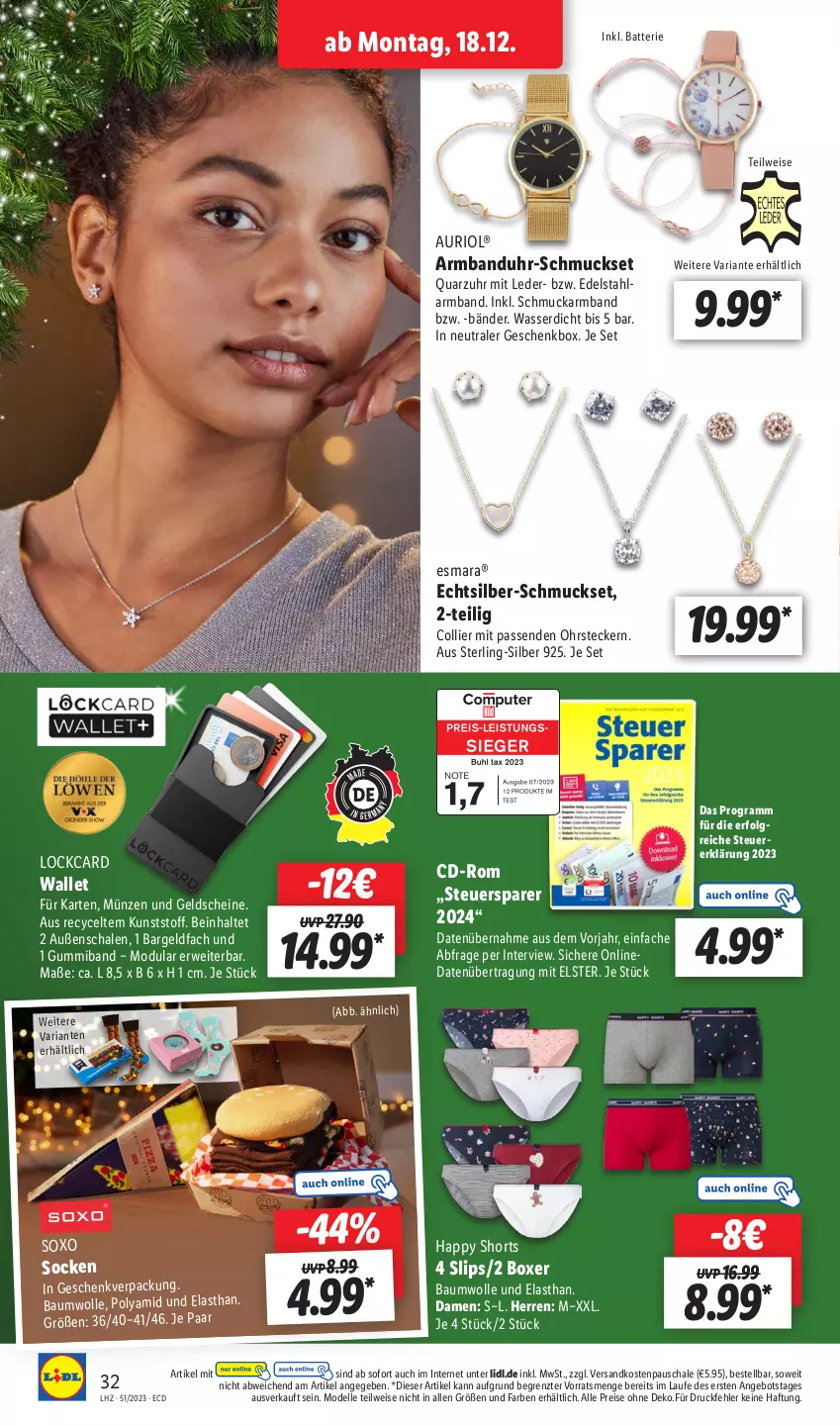 Aktueller Prospekt Lidl - Aktionsprospekt - von 18.12 bis 23.12.2023 - strona 36 - produkty: angebot, Armband, Armbanduhr, batterie, Bau, baumwolle, dell, edelstahl, eis, elle, esmara, Geschenkbox, LG, Mode, ndk, ohrstecker, oxo, reis, Ria, rwe, Schal, Schale, Schmuck, Schmuckset, shorts, slip, slips, socken, Ti, uhr, wasser, wolle, ZTE