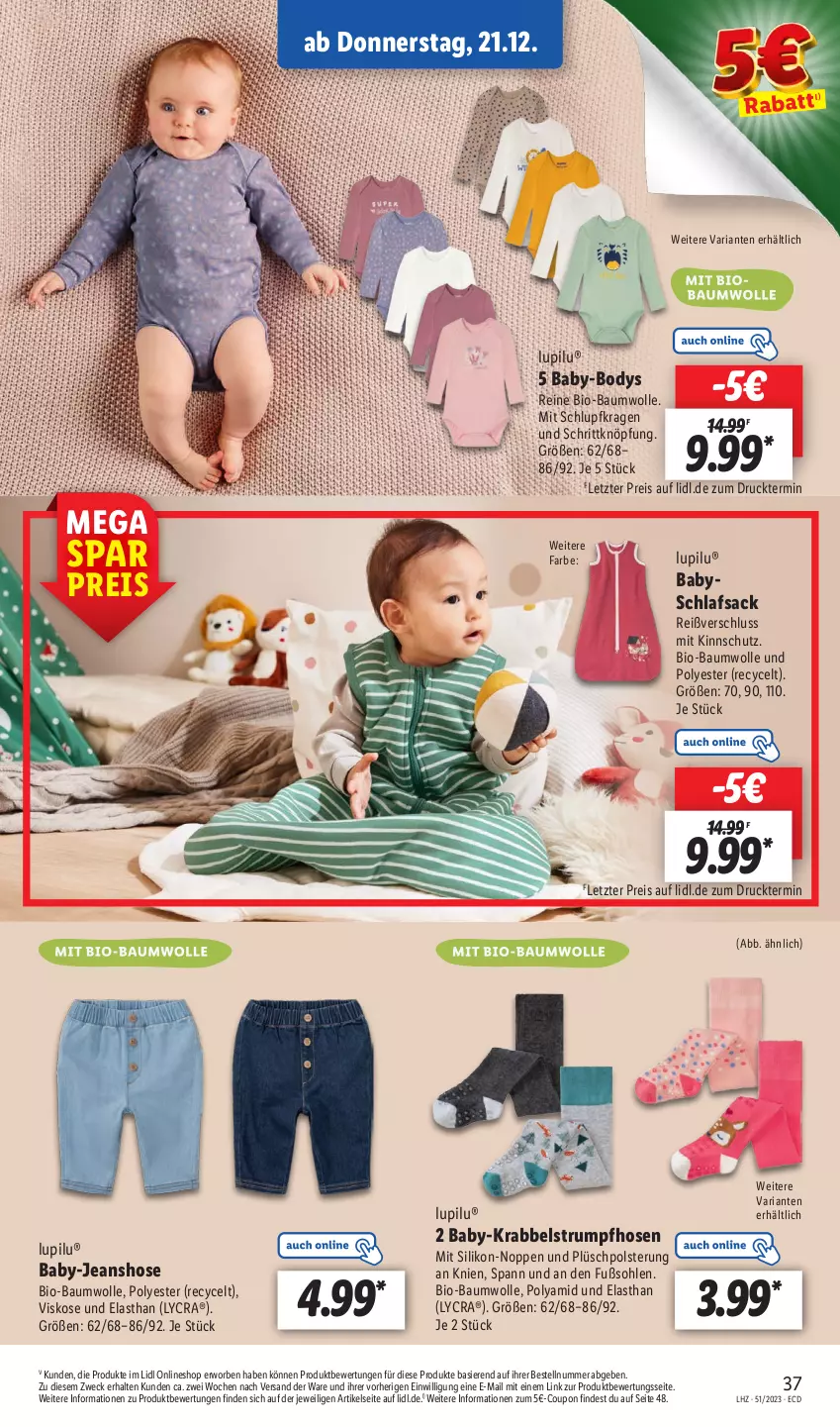 Aktueller Prospekt Lidl - Aktionsprospekt - von 18.12 bis 23.12.2023 - strona 41 - produkty: Bau, baumwolle, bio, bio-baumwolle, body, coupon, eis, hose, hosen, HP, jeans, lupilu, mit bio-baumwolle, Plüsch, reis, Ria, rum, sac, schlafsack, Strumpfhose, Ti, weck, wolle, ZTE