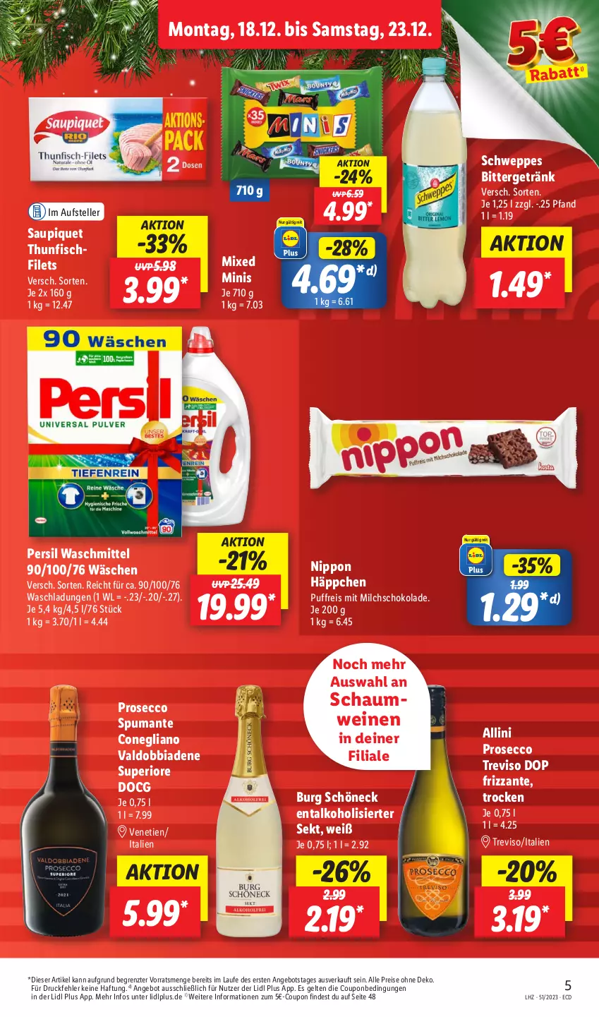 Aktueller Prospekt Lidl - Aktionsprospekt - von 18.12 bis 23.12.2023 - strona 5 - produkty: alkohol, angebot, coupon, ecco, eis, elle, filet, filets, fisch, frizzante, getränk, milch, nippon, persil, persil waschmittel, prosecco, puma, reis, saupiquet, schoko, schokolade, schweppes, sekt, spumante, teller, thunfisch, Ti, valdo, waschmittel, wein, weine, ZTE