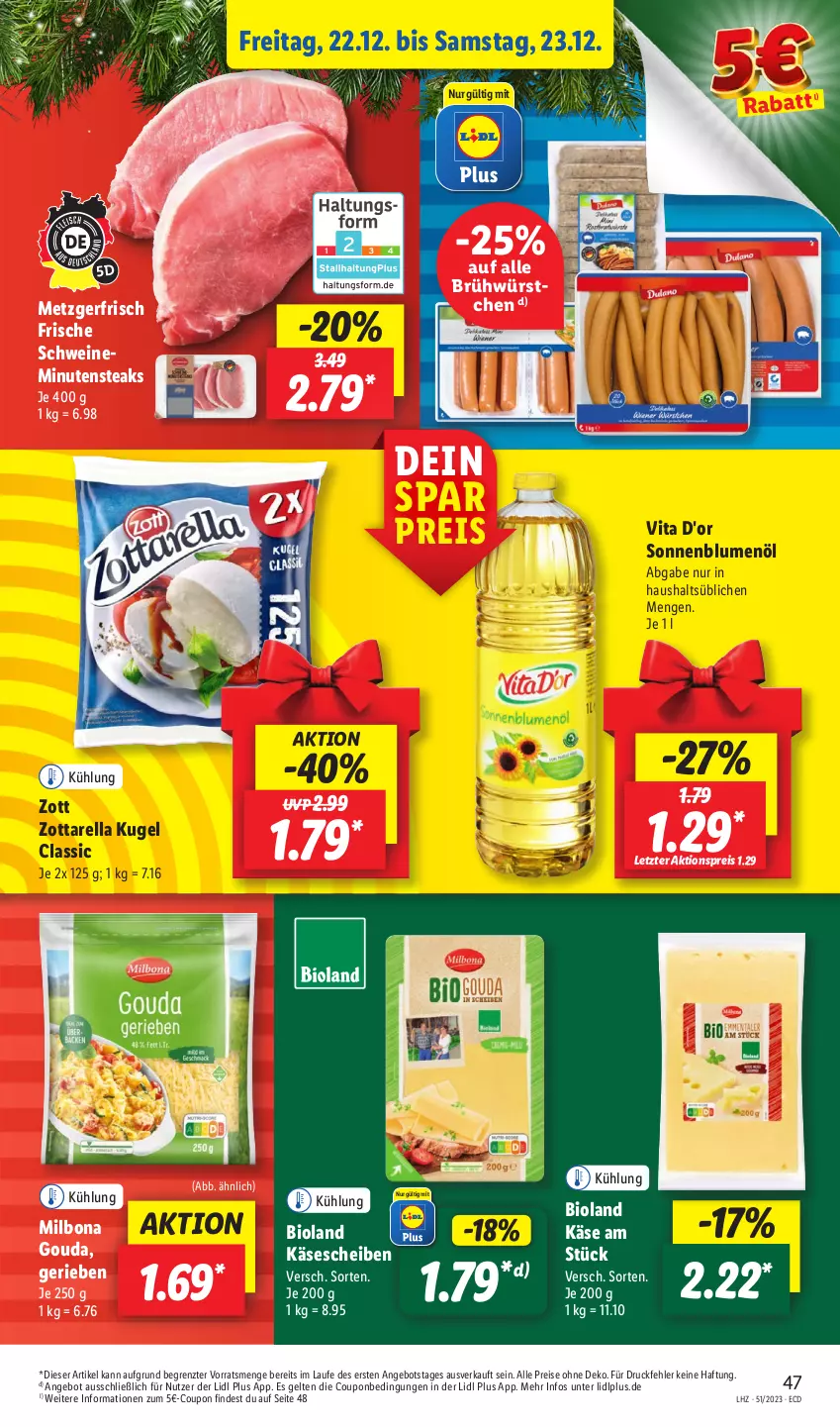 Aktueller Prospekt Lidl - Aktionsprospekt - von 18.12 bis 23.12.2023 - strona 53 - produkty: aktionspreis, angebot, bio, bioland, blume, blumen, blumenöl, Bona, coupon, eis, gouda, Käse, käsescheiben, Kugel, Milbona, minutensteaks, reis, rel, schwein, schweine, sonnenblume, sonnenblumen, sonnenblumenöl, steak, steaks, Ti, vita, wein, weine, würstchen, zott, zottarella, ZTE