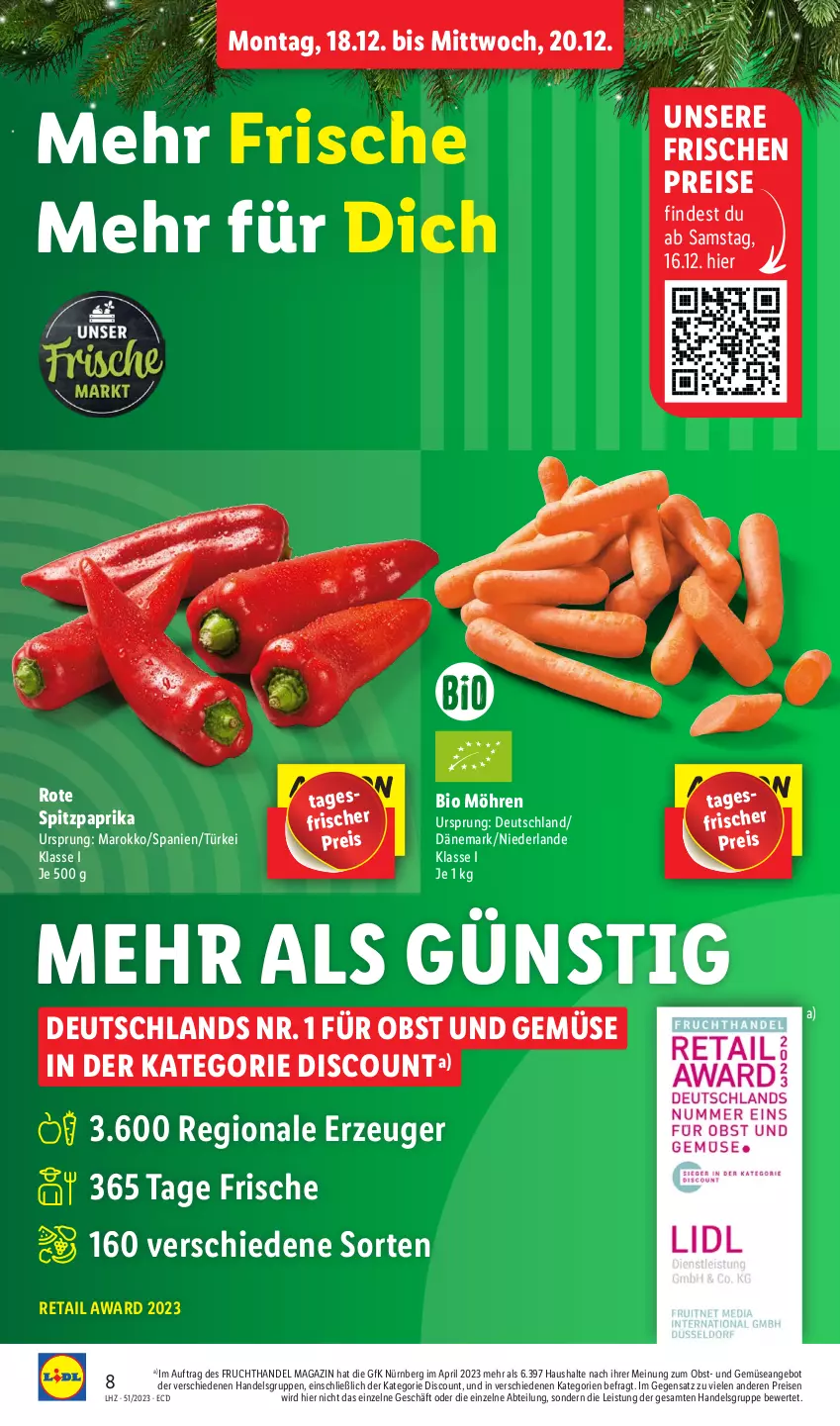 Aktueller Prospekt Lidl - Aktionsprospekt - von 18.12 bis 23.12.2023 - strona 8 - produkty: Abtei, angebot, bio, discount, eis, frucht, magazin, möhren, obst, Obst und Gemüse, paprika, pril, reis, Spitzpaprika, Ti, und gemüse