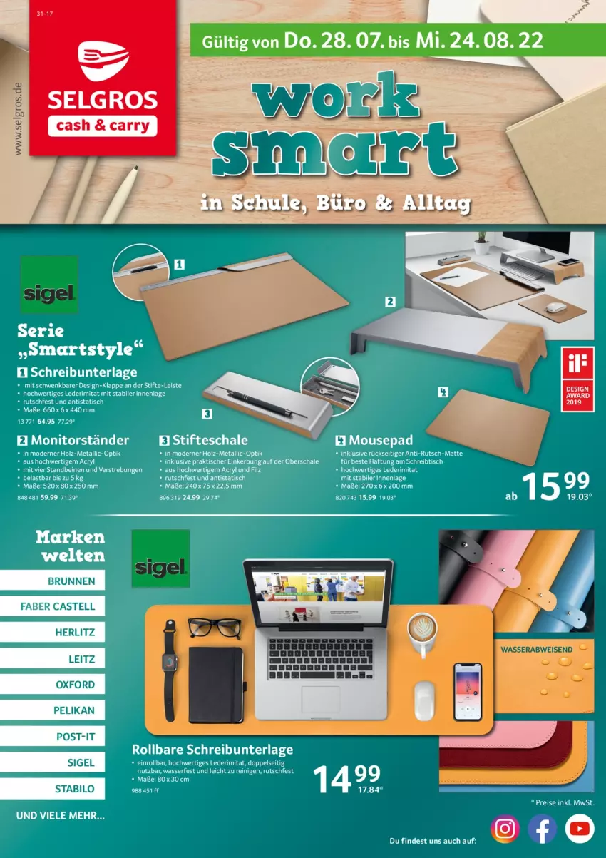 Aktueller Prospekt Selgros - Worksmart - von 28.07 bis 24.08.2022 - strona 1 - produkty: brunnen, eis, faber castell, Holz, leitz, LG, Mode, monitor, pelikan, Schal, Schale, schreibtisch, stabilo, stifte, Ti, tisch, vita, wasser